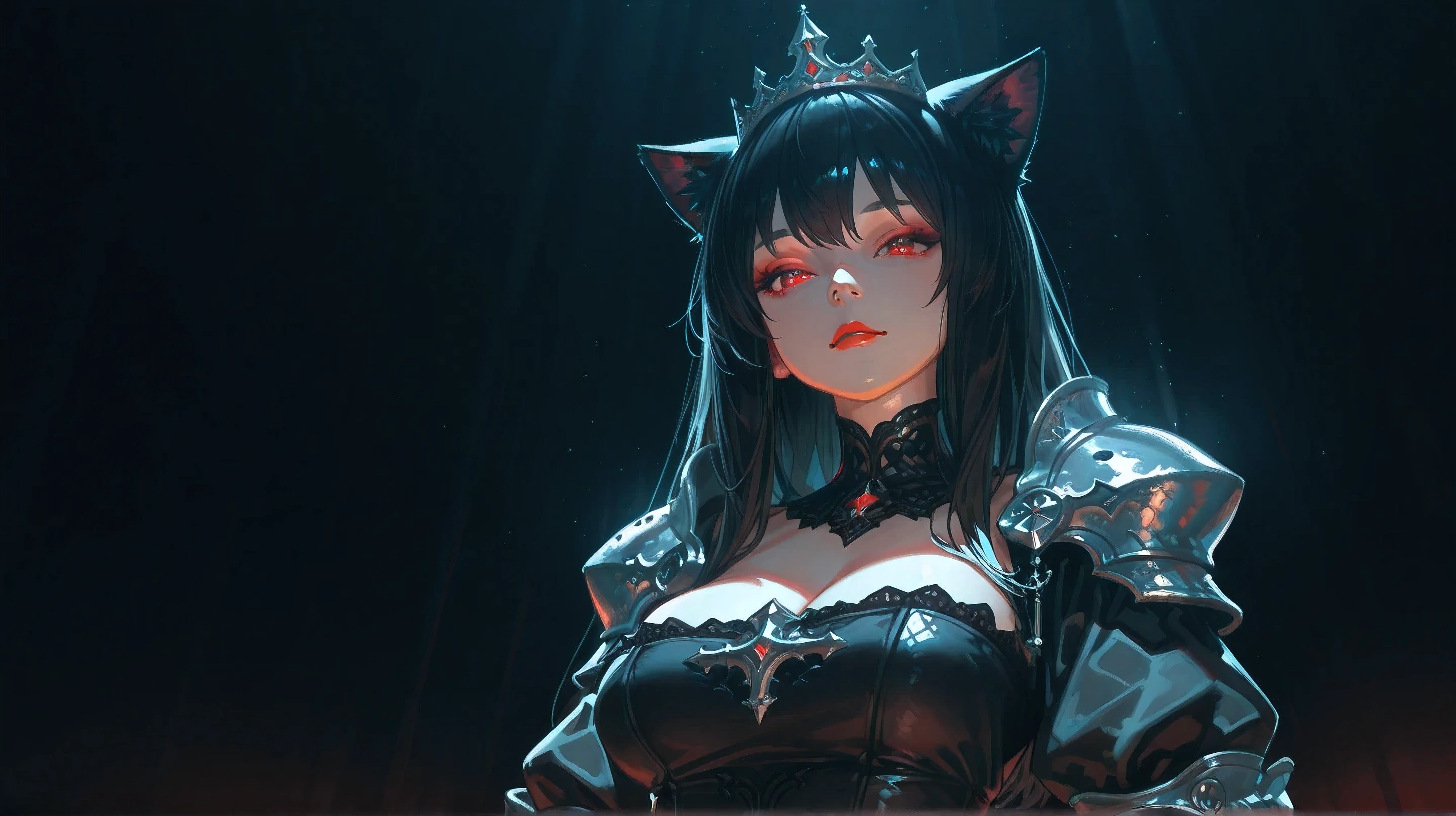 1girl, solo, black hair, long hair, red eyes, armor, black-themed, crown, black background, dress, red lips, black dress, gauntlets, looking at the viewer, shoulder armor, cat ears

[8k, high contrast, smooth quality, masterpiece, best quality, stunning detail, highly aesthetic, ultra high resolution, super detailed, hyperrealistic, volumetric lighting, dramatic shadows, cinematic lighting, latest, breathtaking scenery, full-spectrum colors, high contrast color, illustration, perfect composition, perspective, intricate details, incredibly hyperrealistic, beautiful, gradient colors, [BREAK, nsfw, ambient occlusion, ray tracing, soft lighting, absolutely eye-catching, high color gamut, glowing girl, radiant, intricate cinematic background, (beautiful face), extreme detail enhancement, [BREAK, photorealistic, angled shot, [BREAK, nsfw, navy theme, 748cm style, dark background, glossy skin, [BREAK, beautiful eyes, big eyes, detailed eyes, intricate pupils, perfect body, (reflective eyes)]
