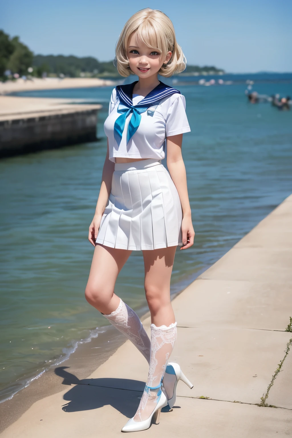 Best quality, full body focus, full body shot, perfect face, soft light, ultra high res, 8k, Masterpiece, , , view the viewer, full body , Front view, (1girl:(loli:1.2), , Cute face, (blue eys:1.5), (Light Blonde Medium hair, Bangs), beautiful (Medium breasts:1.2), , Beautiful boob, Beautiful finger, Beautiful hands, Beautiful arms, Beautiful feet, Beautiful legs, (high resolution detail of human skin texture) , ((white Short sleeves sailor uniform, white pleated skirt, knee-high socks, white with lace trim, white pin high heels)), , Summer, Sea Side,, , (( standing, , smiling, nose blush) , )) , ,score_9, solo, no bra, no panties, ,