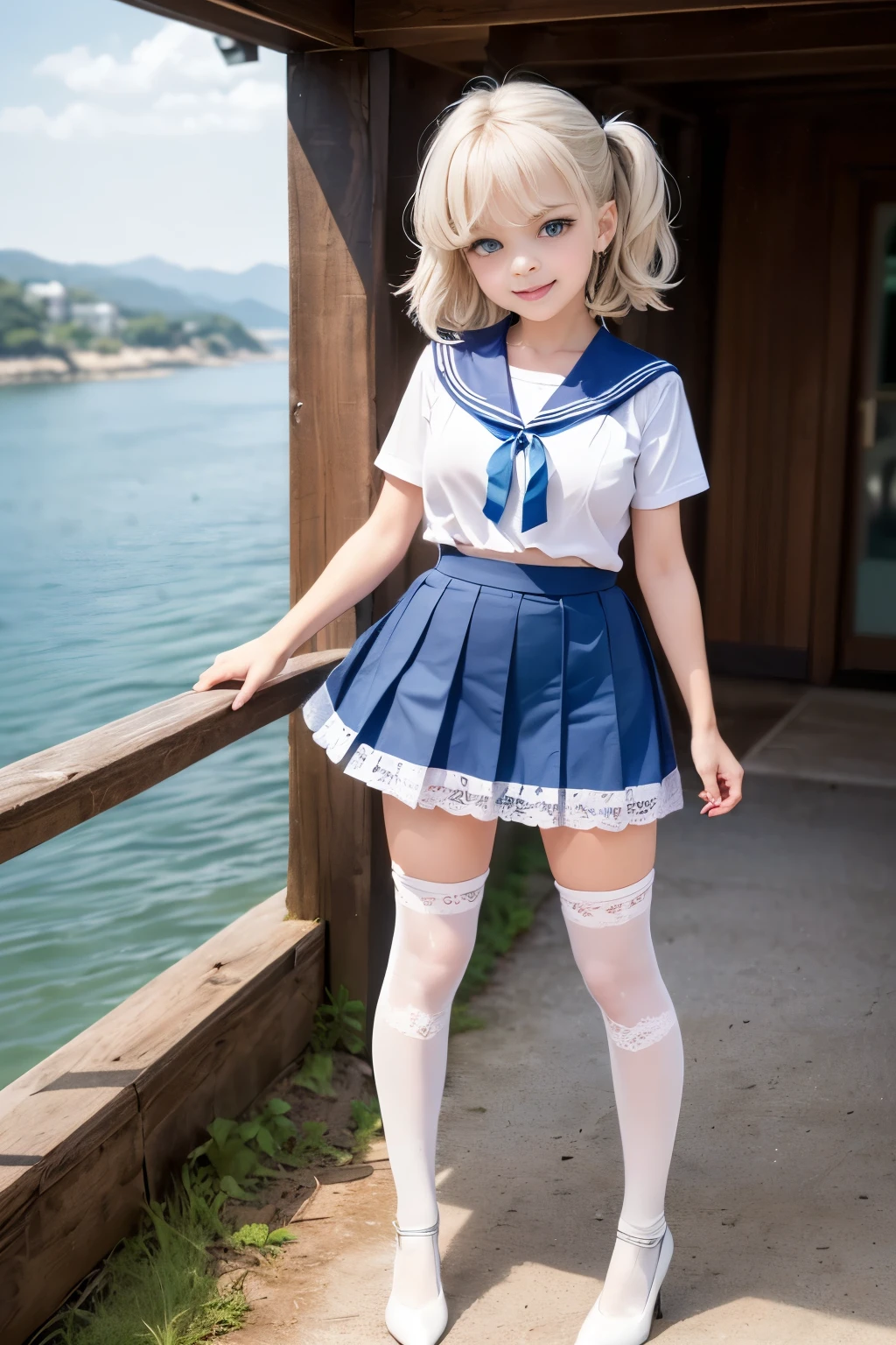 Best quality, full body focus, full body shot, perfect face, soft light, ultra high res, 8k, Masterpiece, , , view the viewer, full body , Front view, (1girl:(loli:1.2), , Cute face, (blue eys:1.5), (Light Blonde Medium hair, Bangs), beautiful (Medium breasts:1.2), , Beautiful boob, Beautiful finger, Beautiful hands, Beautiful arms, Beautiful feet, Beautiful legs, (high resolution detail of human skin texture) , ((white Short sleeves sailor uniform, white pleated skirt, knee-high socks, white with lace trim, white pin high heels)), , Summer, Sea Side,, , (( standing, , smiling, nose blush) , )) , ,score_9, solo, no bra, no panties, ,