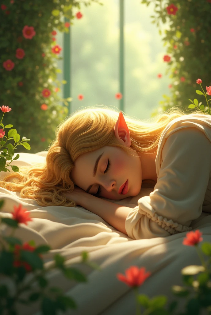 Japanese animation style, digital illustration of an adult elf woman sleeping face down on a large bed, she is wearing elegant silk pajamas, relaxed expression, long loosely wavy blonde hair, sleeping with her pet dog, the dog is curled up on her and sleeping, soft morning light pours in, calm atmosphere, detailed and clear drawing, warm and gentle colors, drawn from a bird's-eye perspective
(Highest quality, 8K quality, masterpiece: 1.3, high resolution, tabletop: 1.2, ),(perfect face with every detail), normal hands: 1.5, normal fingers: 1:5, normal legs: 1.5