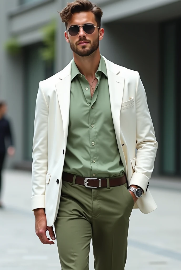 light green shirt with olive green pants with white jacket