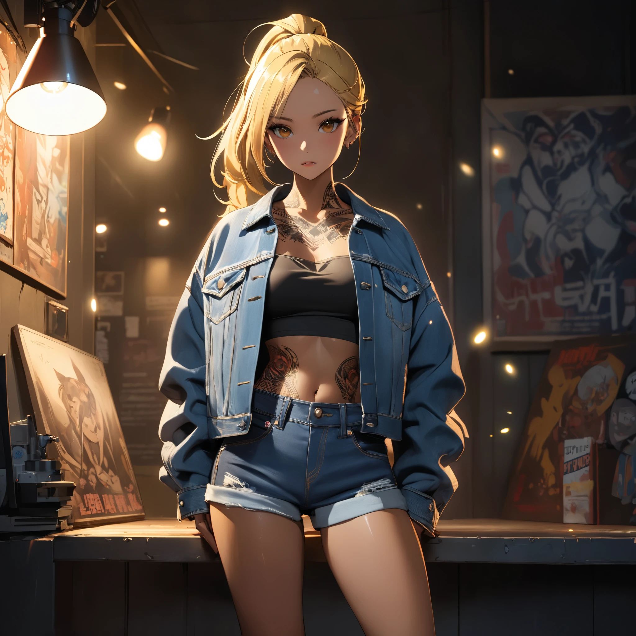 One beautiful woman、 ponytail、yellow hair、 matte brown skin 、 thin legs、 denim jacket 、 SHORT JEANS 、 perfect face、 Masterpiece, is anatomically correct, top quality, textured skin, Full body tattoo、 movie light effects,