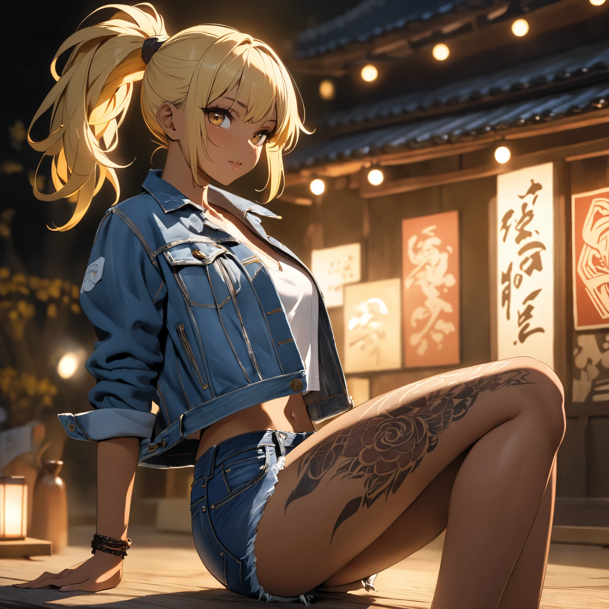  One beautiful woman、  ponytail、yellow hair、  matte brown skin 、 thin legs、 denim jacket 、  SHORT JEANS  、 perfect face、 Masterpiece,  is anatomically correct,  top quality,  textured skin, Full body tattoo/Japanese carving/、 movie light effects, 