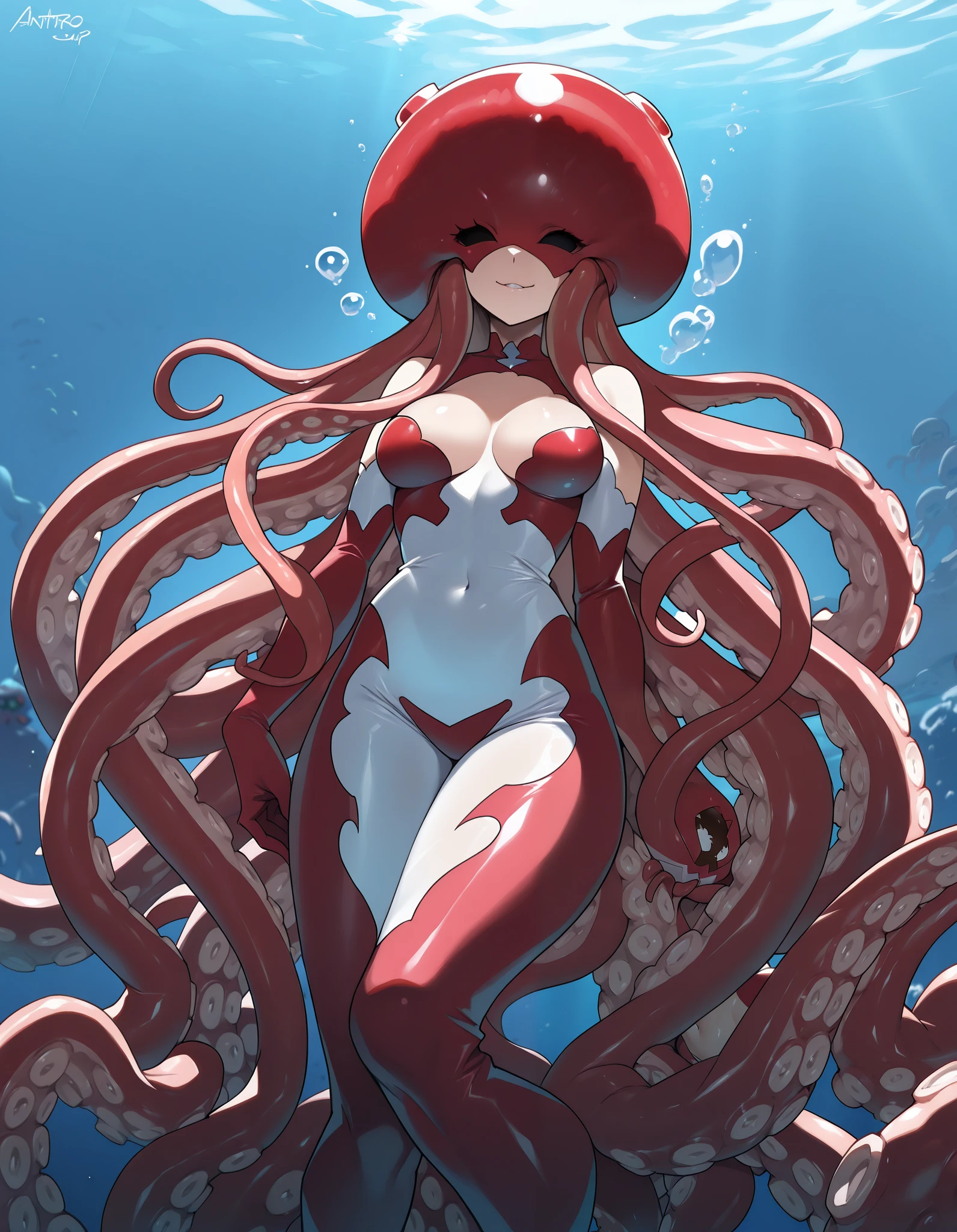 Anime Masterpiece, Antro, Hybrid creature, ((Octopus woman)), sexy, beautiful face, "kraken of the deep" underwater, ((multiple tentacles)), waist tentacles legs,