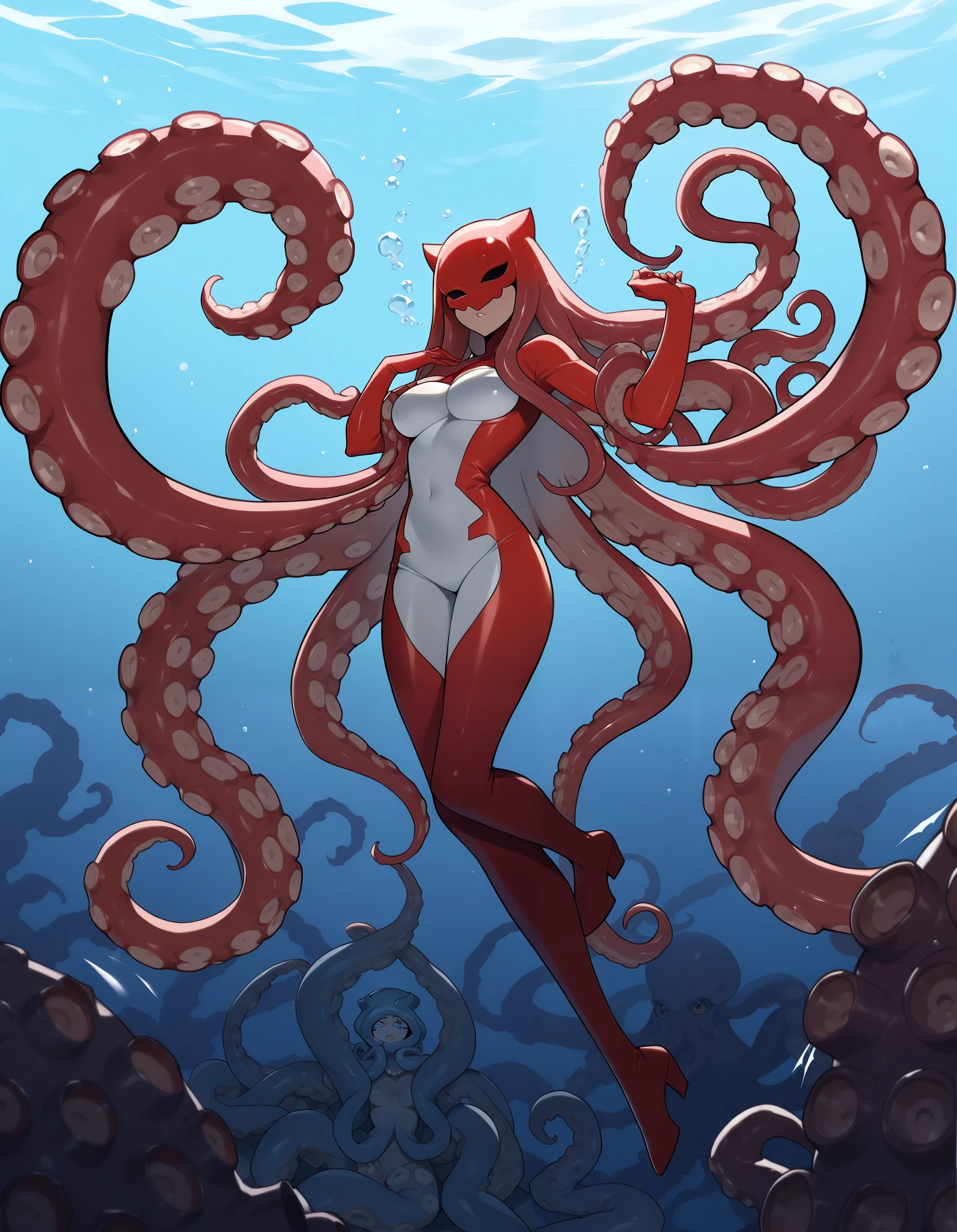 Anime Masterpiece, Antro, Hybrid creature, ((Octopus woman)), sexy, beautiful face, "kraken of the deep" underwater, ((multiple tentacles)), waist tentacles legs,