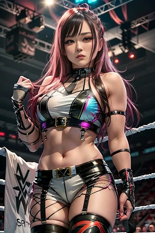 (8K, Best Picture Quality, tmasterpiece:1.2), (actual, realisticlying:1.37), (actual face), Professional wrestler, maam, ((())), (( slightly visible)),Overflowed , long whitr hair,In the professional wrestling ring,see-through outfit ,((clear skin clothing)), full bodyesbian, (above waist)