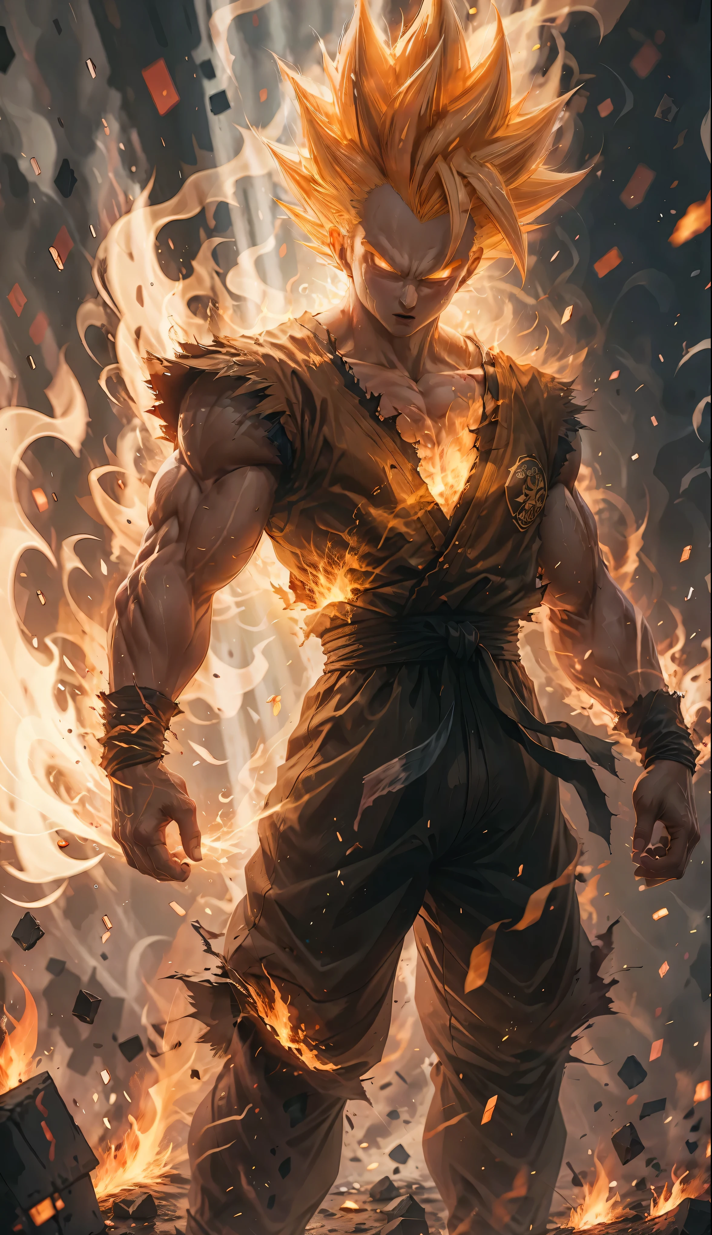 Super Saiyan one ,1 , artist name,aura, Blond hair,clenched hand,clenched hands, rubble ,dougi, electricity,brasas,Fire,Gloves, round, male focus ,muscular,orange background,Alone , pointed hair,standing,Teeth, torn clothes,is coming,