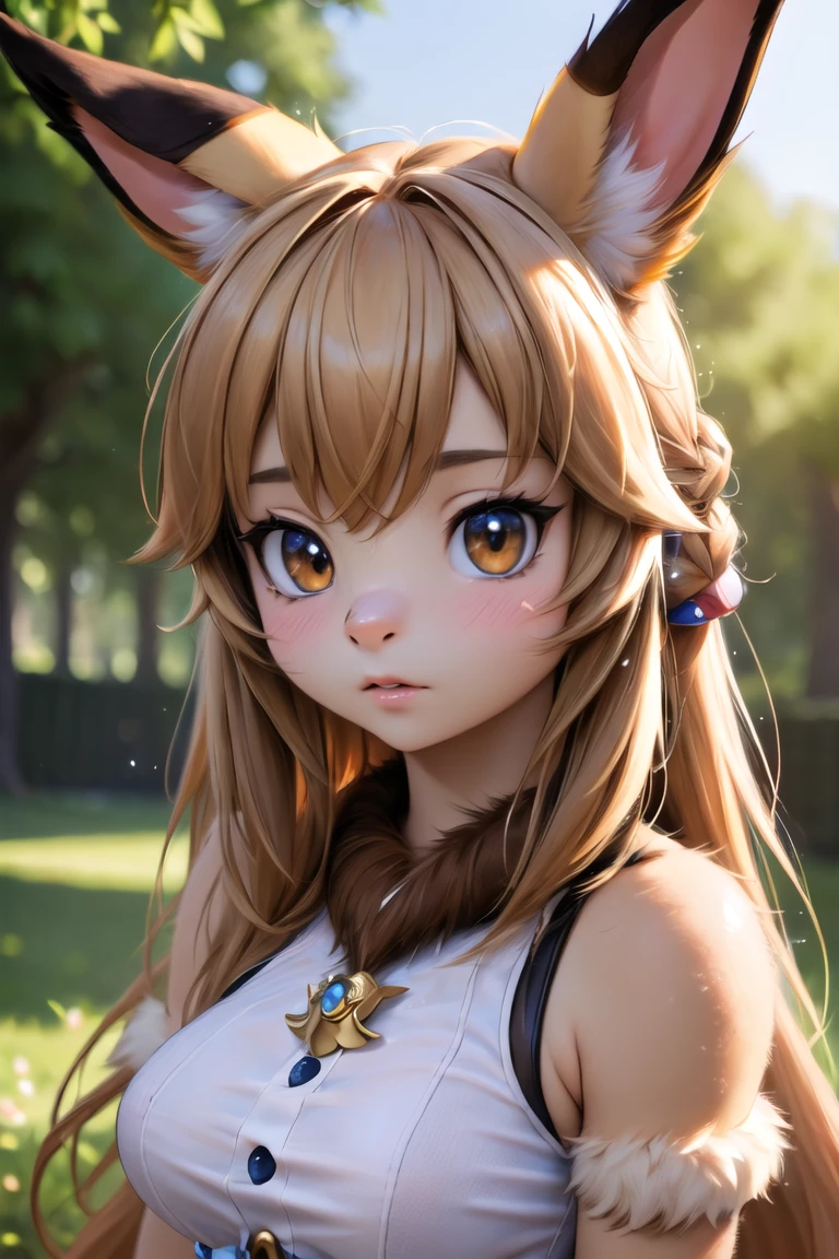 (masterpiece),(best quality:1.0), (ultra highres:1.0),detailed illustration,detailed woman, detailed beautiful skin, face focus,small waist,braless,racoon ears,brown hair,skirt