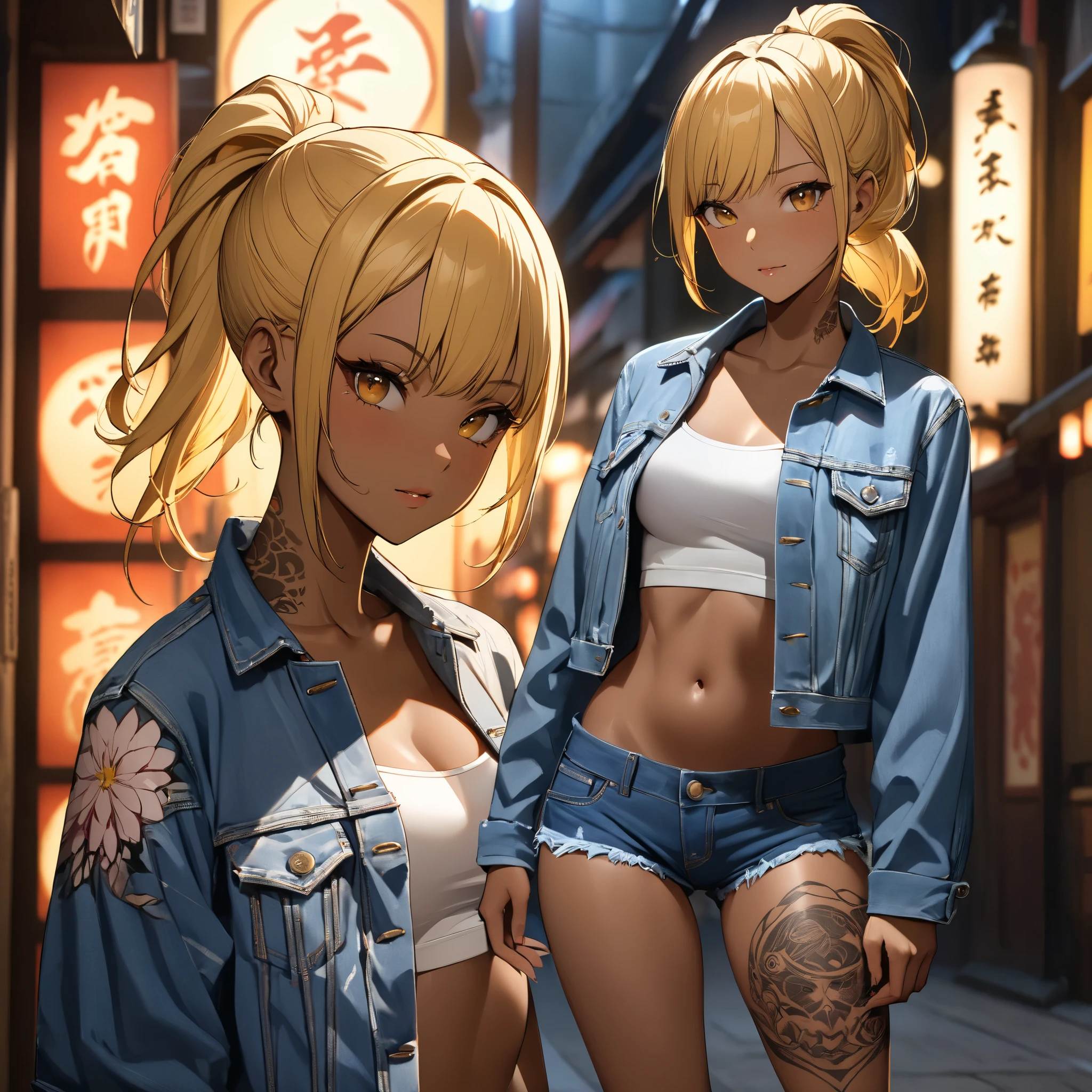 One beautiful woman、 ponytail、yellow hair、 matte brown skin 、 thin legs、 denim jacket 、 SHORT JEANS 、 perfect face、 Masterpiece, is anatomically correct, top quality, textured skin, Full body tattoo/Japanese carving/、 movie light effects,