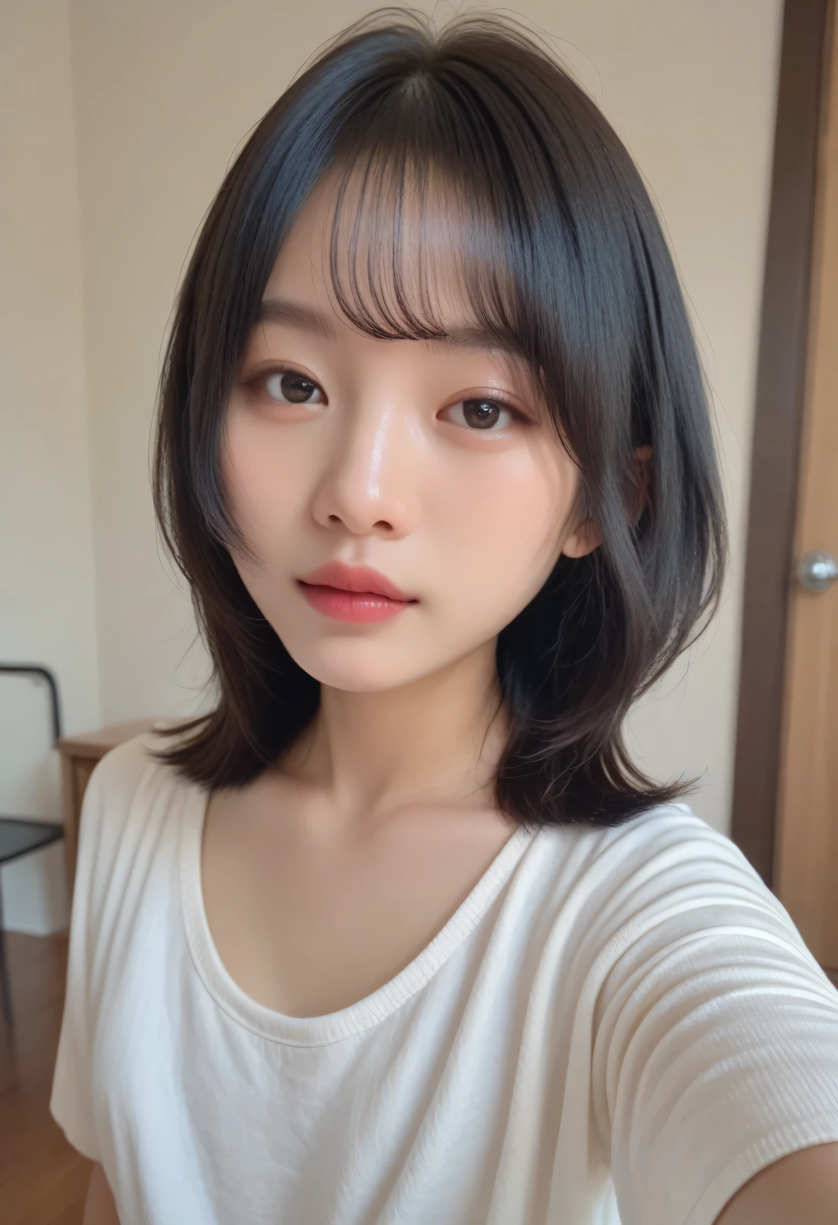 ((Highest quality, 8k, masterpiece: 1.3)), Sharp focus: 1.2, Beautiful woman with perfect body: 1.4, ((Layered Haircut, Large Breasts: 1.2)), (White shirt), (classroom: 1.2), Highly detailed face and skin texture, Detailed eyes, double eyelid,