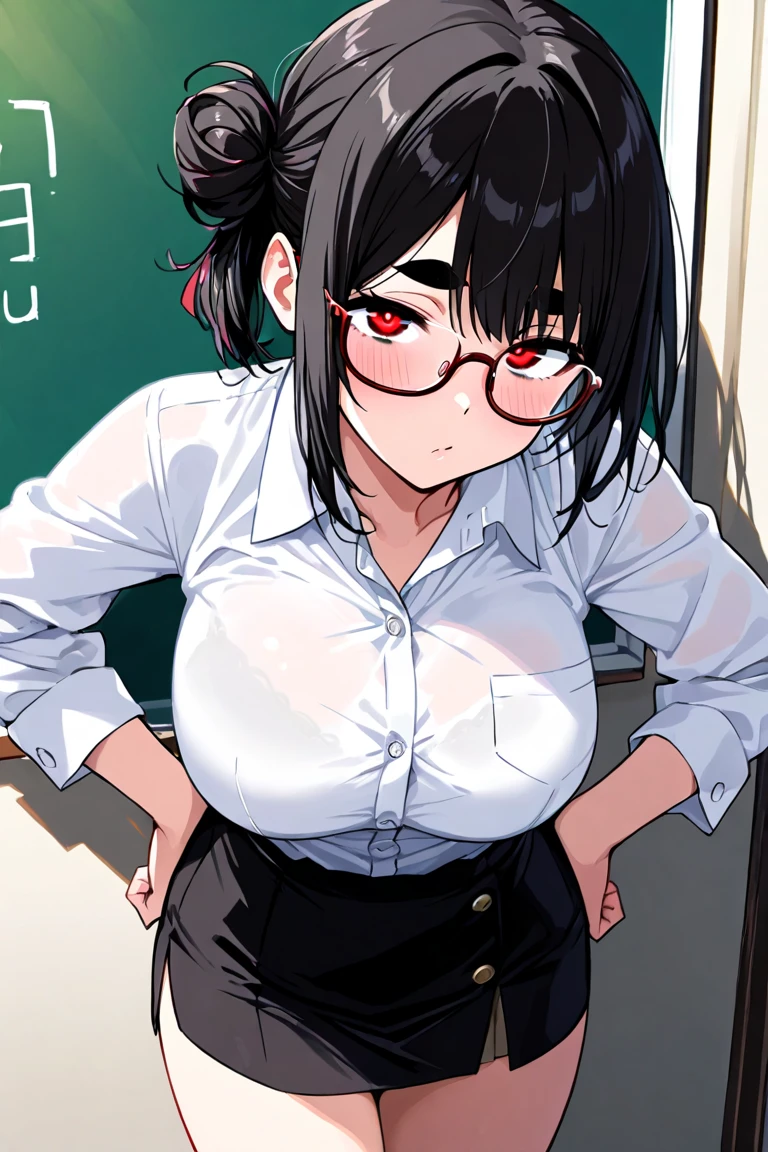 ((Table t○p, highest quality, Hi-Res Lucifer,Anime Screen Capture、Pixel perfect, 8k, Browsing Caution)))、(((Chubby)))、Glasses、Perfect Anatomy、(((Huge breasts、Wide Hips、Wide ass、Wet、Place your hands behind your head、Armpits、Skirt flip)))、(Short Hair)、(((school uniform、White sleeveless shirt、Black mini skirt、Blue panties)))、Sweat, vapor,(Red eyes)、((Black Hair)),  ((((surprised、blush、Embarrassing))))、(Dark back alley)、