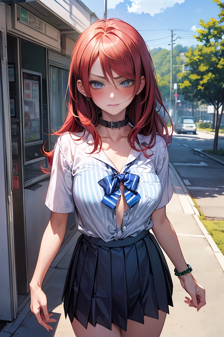1girl, solo, highly detailed, best quality, illustration, game cg, perfect anatomy, beautiful cute face girl, beautiful red hair, beautiful detailed eyes, choker, school field, bench, sitting, natural lighting, white shirt, black pleated skirt, thigh highs, fox ears, fox tail, glossy lips