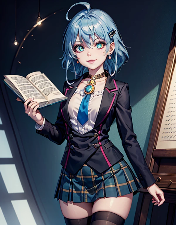 (masterpiece, best quality), 1girl, small breasts, small hips, green eyes, blue hair, black corset, lace skirt, garter belt, black legwear, old library, petite, glasses, <lora:add_detail:1>