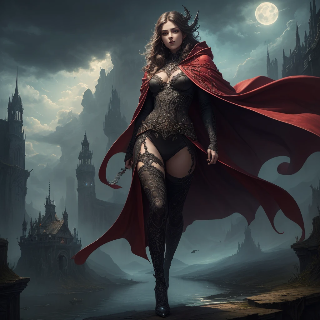 Fantasy art, Gothic art, (masterpiece:1.5), whole body, best details, very detailed, Best quality, glowing purple, a high resolution, Full-length portrait of a vampire, elf (masterpiece, Best quality: 1.6), ultra feminine, Wizard, (complex parts, masterpiece, Best quality: 1.5) with long, curly hair,  black hair hair, (red: 1.2) eyes, (Fantasy art, masterpiece, Best quality), ((Beautiful gentle face)), Ultra detailed face (complex parts, Fantasy art, masterpiece, Best quality: 1.5), [[vampire fangs 1.5]] (red cloak: 1.3) , flowing cloak (complex parts, Fantasy art, masterpiece, Best quality: 1.3), wear fancy clothes (BLUE:1.3) dress (complex parts, Fantasy art, masterpiece, Best quality: 1.5), high heel boots, City background (rich details, play up the details), Fantasy, In the Night Light, natural ,Moonlight, clouds, Gothic atmosphere, soft light, dynamic light, [[Anatomically correct]], high detail, Best quality, 8 K, [Ultra detailed], masterpiece, Best quality, (extremely detailed), Dynamic angle