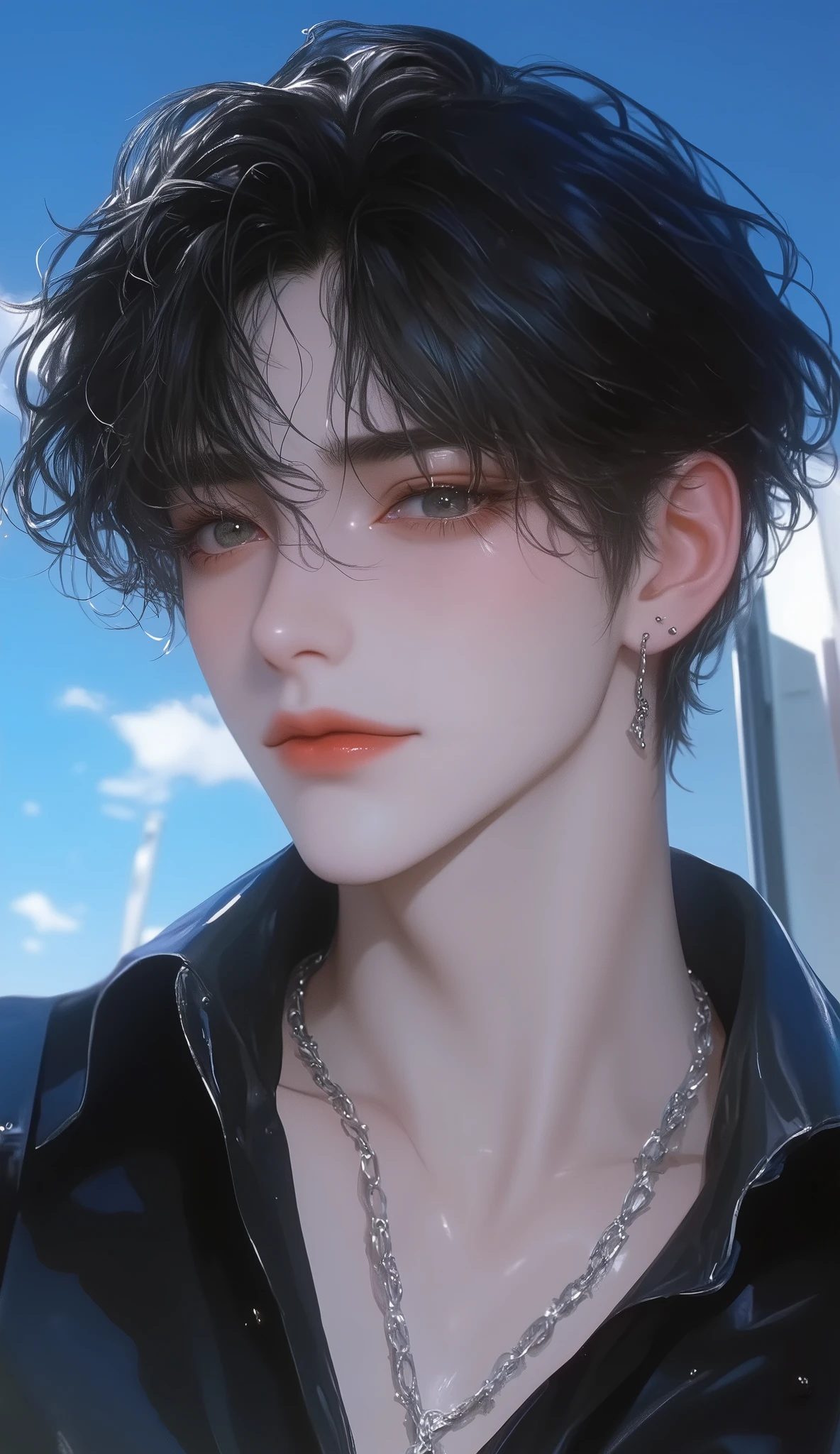 Anime boy with black hair and a necklace and a black shirt - SeaArt AI
