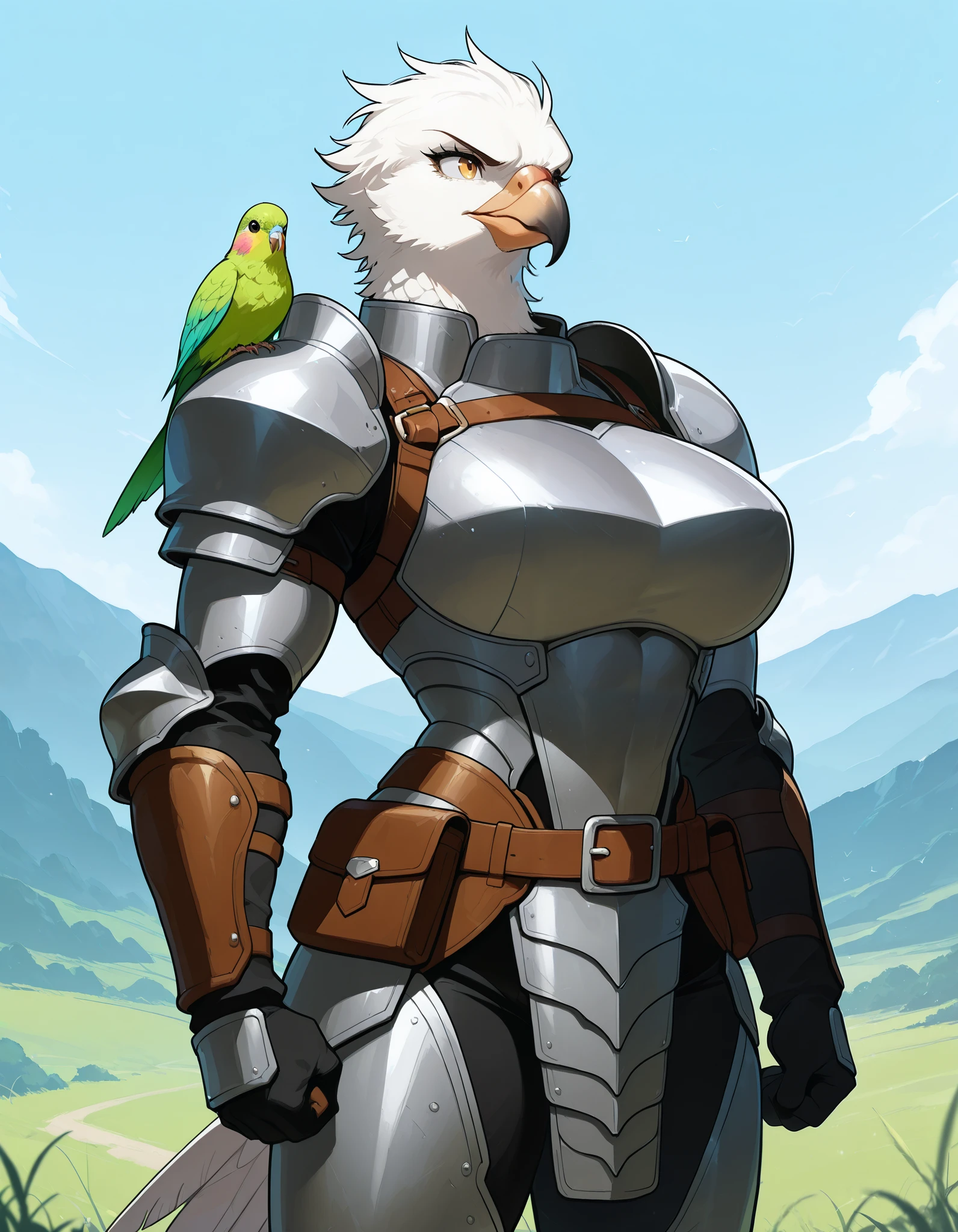 score_9, score_8_up, score_7_up, score_6_up, score_5_up, score_4_up, source_anime, masterpiece, cool image, anthro, parakeet, female, wearing reduced battle-armor, absurd armor, leather straps, huge perky tits, colorful feathers, juicy tits, DETAILED, (UHD 8K), mountain cliff view on the background