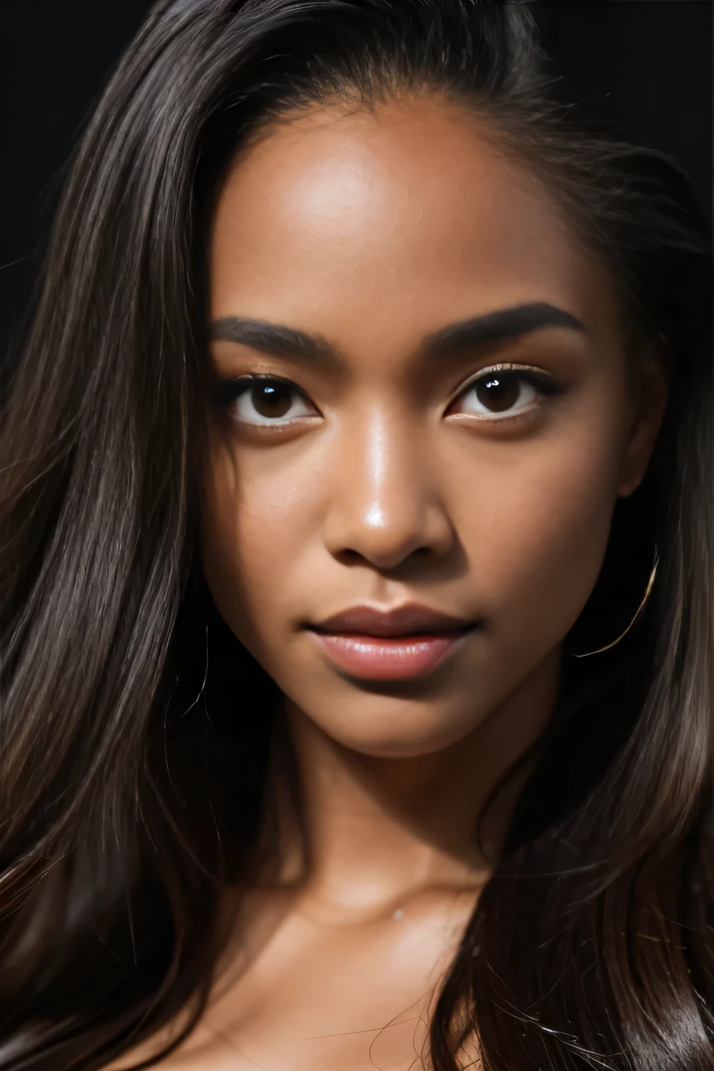 Best picture quality, masterpiece level, ultra-detailed, perfect face, beautiful black woman is looking at camera, close up, HDR, portrait, elegant pose, captivating eyes, long hair, full lips, film grain, photographed with a Sony a9 II Mirrorless Camera, analog style, extremely detailed face, bust shot, perfect lighting
