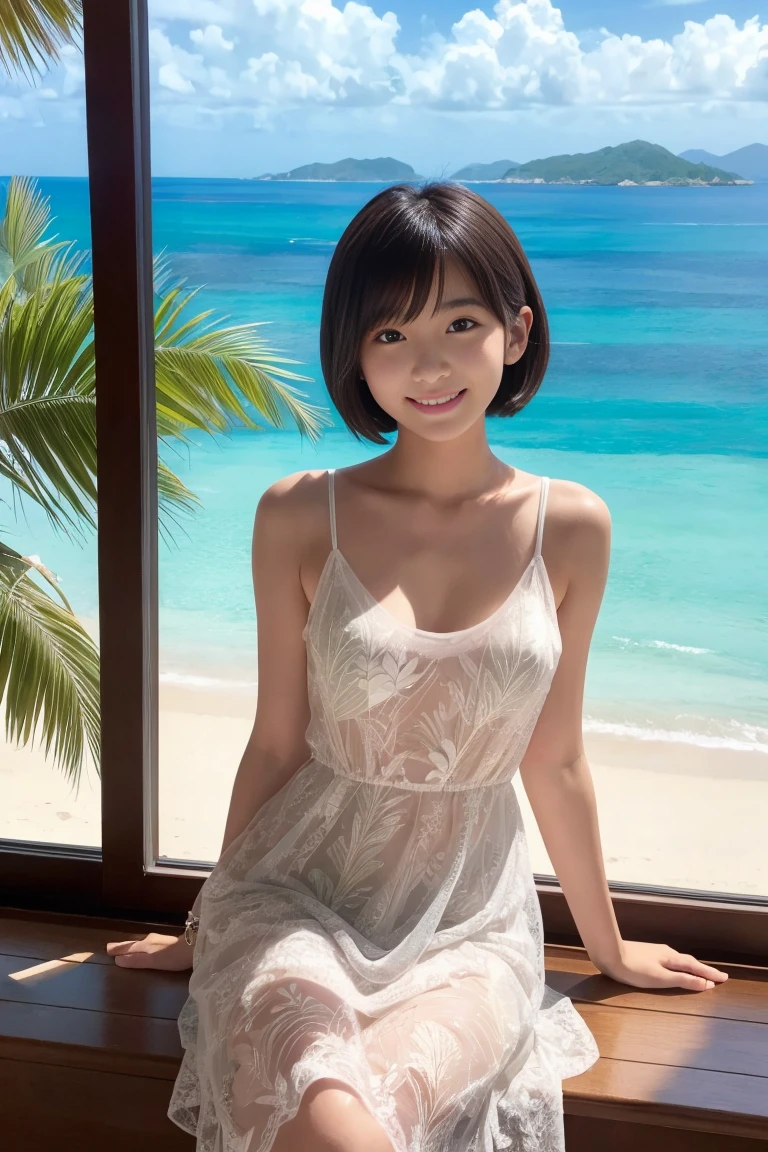 top-quality、softlight、(depth of fields)、超A high resolution、(Photorealsitic:1.4)、Raw photography、(portlate:1.4)、(from the front side)
1日本人の女の子, 独奏, cute little, (full of shyness, A smile:1.1), (Brown-eyed), Detailed beautiful face,White short dress、Short length、White lingerie、Pants are visible、Whole human body、Mare、the beach、Short black hair、Wet body、look from down、There is a village frame pure、Angle from below