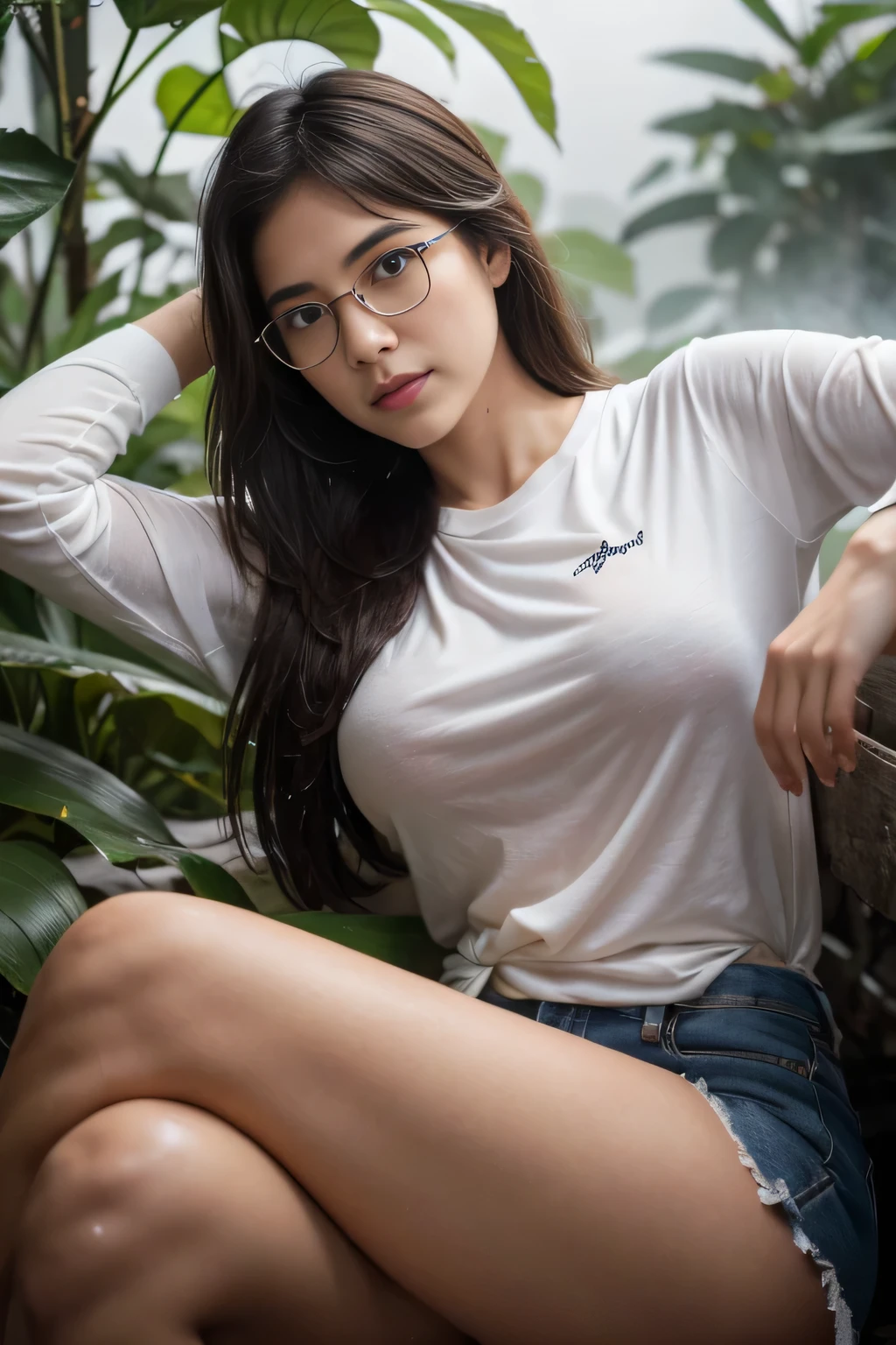 Photorealistic, (close up:1.3, exposed face), wide angle, (seen from below), a japanese young woman wearing wet dirty (long sleeve (t-shirt:1.2), oversized t-shirt, hotpants), a hyperrealistic beautiful young girls with grayish blue eyes in glasses, natural sagging breast, high detailed official artwork, beautiful girls with slim fit body and busty posture, flowing messy hair, long legs, attractive young woman, (sitting with bending legs poses:1.3, crossed arm hold the breast up), at wet footpath in the (foggy jungle:1.2), natural background, rainny day, dubnitskiy david fanart, realistic portrait, smooth photorealistic, perfect visual of a cute girls, cute girls with skinice soft face, face focus, makoto shinkai and artgerm, photon mapping, natural light, warm color tones, vivid colors, cool ambient, foggy atmosphere