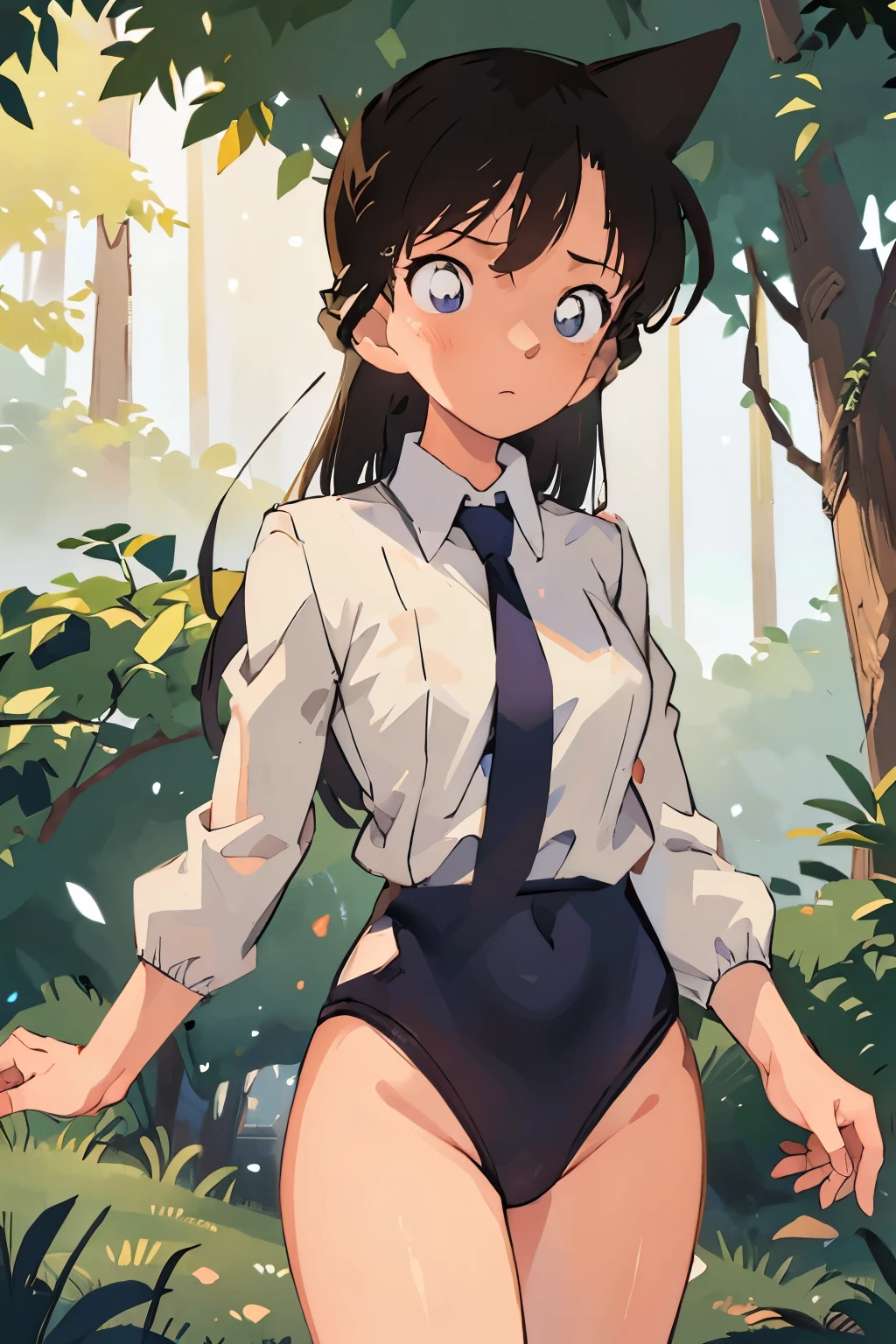 (masterpiece, highest quality), 1 girl, beautiful face, beautiful body, wearing a Black gymnastics bloomers, High leg、white blouse, cowboy shot、Are standing、full body portrait、alone, complex details, enlarged textures, complex details, finely detailed eyes and detailed face, intricate details, (closed mouth), perfect eyes, equal eyes, perfect body, extremely detailed, (), extremely realistic 3d,In a dark forest、