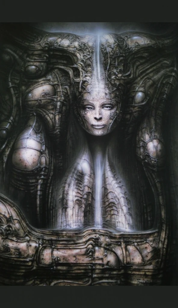 A high-definition, hyper-realistic depiction of a chubby naked woman standing in the center of a dystopian biomechanical landscape. Her voluptuous form is adorned with a complex web of tentacles and tendrils that emerge from her skin, giving the illusion of a symbiotic union with the alien environment around her. The tentacles, each covered in a sleek, metallic sheen, intertwine and coil around her body, blending seamlessly with the woman's flesh in a mesmerizing dance of biological and mechanical forms. Her surroundings are equally as surreal, with a backdrop of towering, spine-covered structures that stretch into a polluted sky filled with a sickly green light. The ground beneath her is a writhing mass of organic and synthetic materials, pulsing with an eerie vitality. Hoses and tubes, reminiscent of veins and arteries, snake across the scene, connecting the various biomechanical elements together in a twisted network of life support. Her eyes are closed in what appears to be a mix of ecstasy and resignation, as if she has fully embraced the symbiosis that has overtaken her. The entire scene is suffused with a sense of unease, the vivid detail of her body's transformation contrasting sharply with the cold, unyielding metal and the organic decay that characterizes the alien world she now inhabits. Every curve and contour of her flesh is rendered with painstaking attention to detail, making the image both sensual and disturbing in its depiction of a human form reborn in a Giger-esque nightmare.