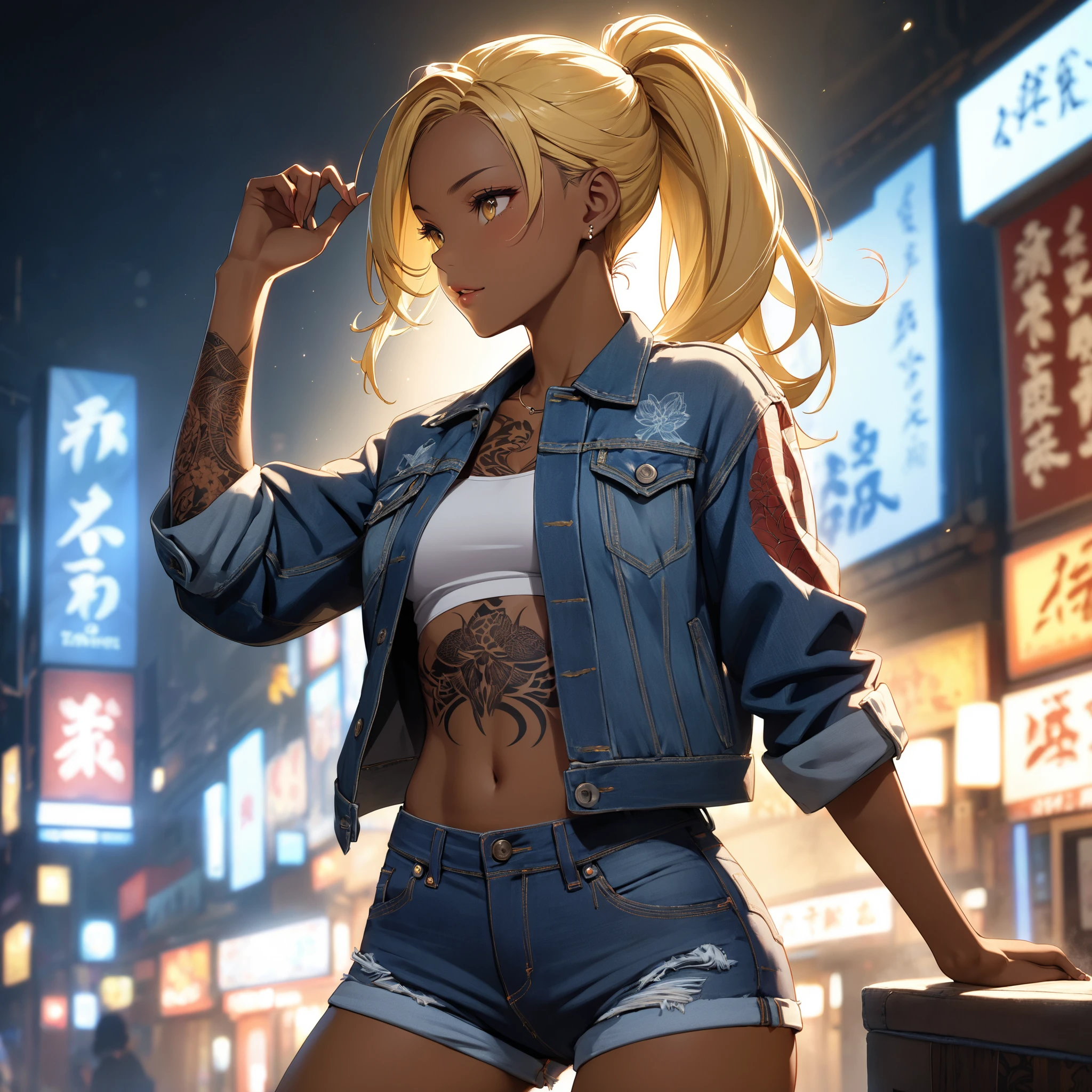 One beautiful woman、 ponytail、yellow hair、 matte brown skin 、 thin legs、 denim jacket 、 SHORT JEANS 、 perfect face、 Masterpiece, is anatomically correct, top quality, textured skin, Full body tattoo/Japanese carving/、 movie light effects,