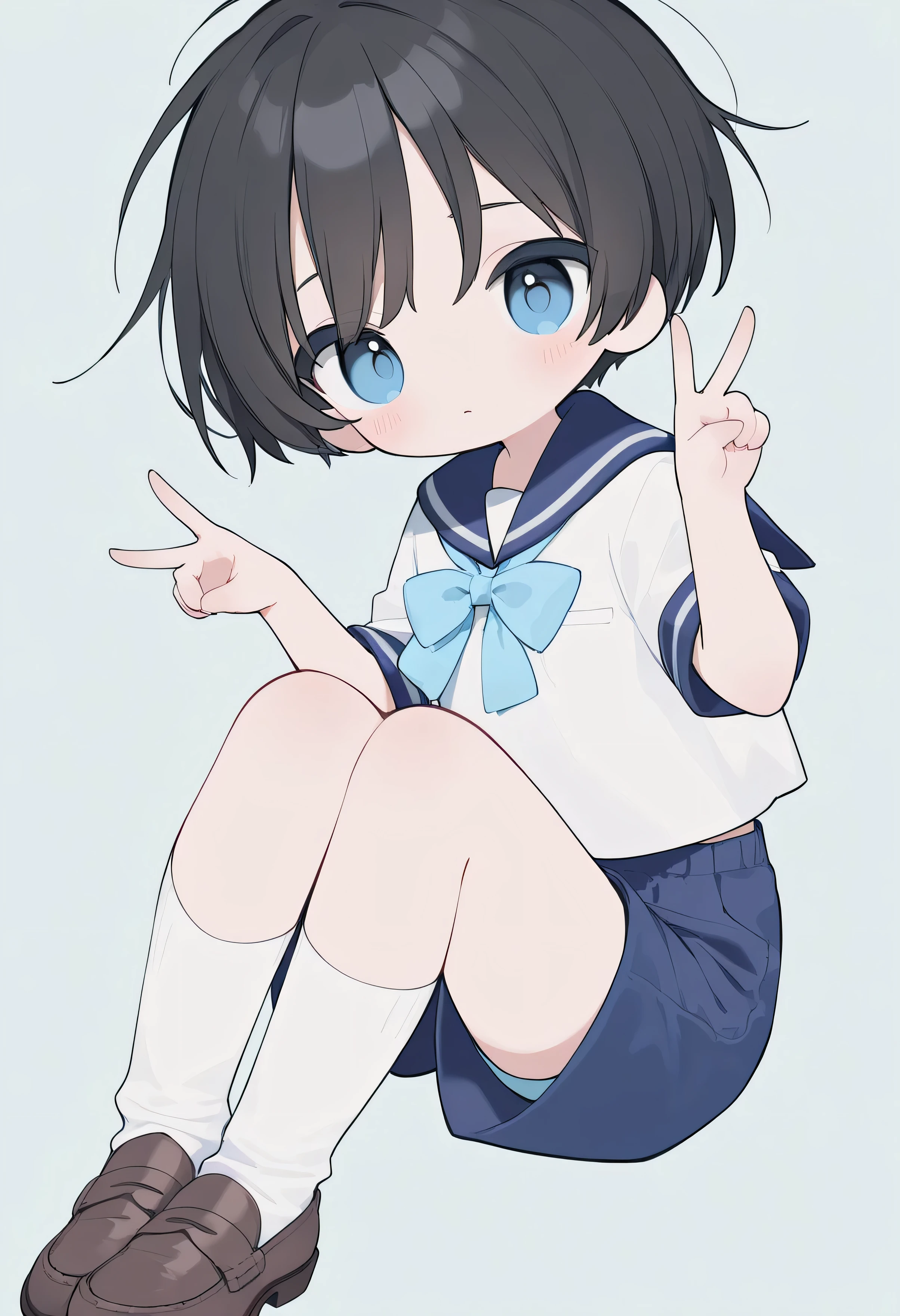 Portrait of 1 young boy doing peace pose on light-blue background (He has short black hair with bangs. He is ite and small. He has dark-blue eyes. He wears a sailor uniform made of white blouse, blue bow, blue shorts, white sock and brown loafers.)