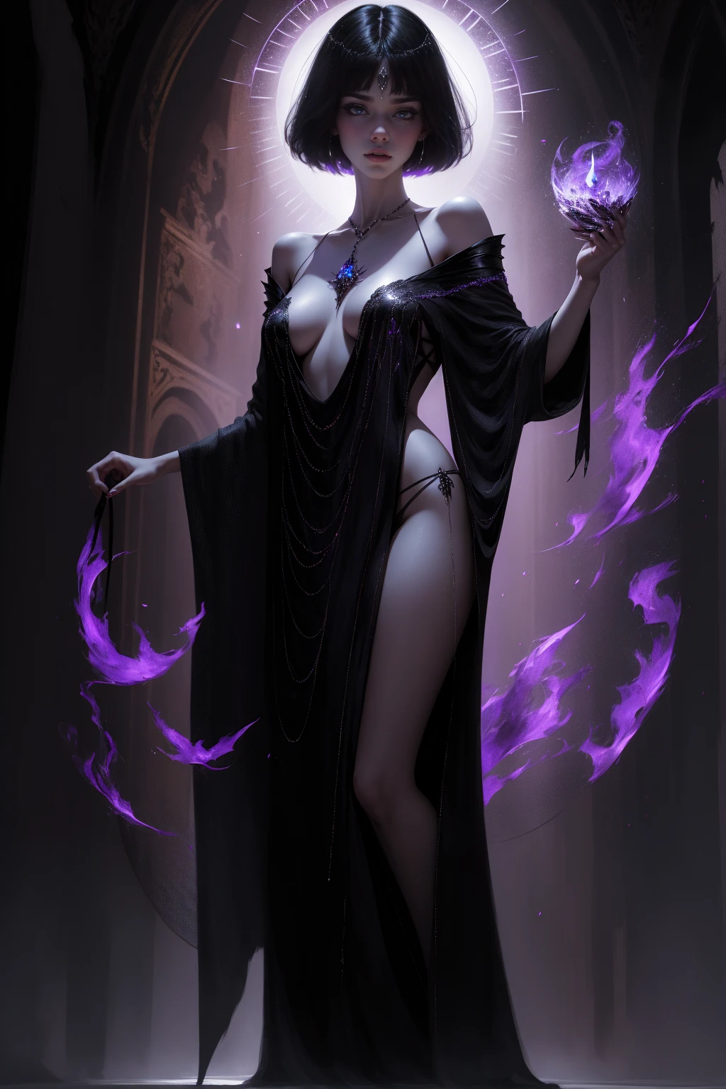 (masterpiece, best quality:1.2), nyx, 1girl, solo, breasts, large breasts, dress, jewelry, earrings, makeup, lipstick, pale skin, mature female, purple nails, purple lips, purple night, purple smoke background, nude, nsfw, sexy pose <lora:nyx:0.8>
