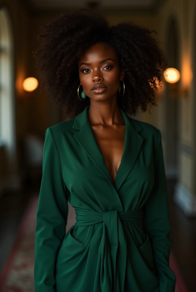 Create a stunningly beautiful female model with a curvy, hourglass figure. She has deep, warm brown skin with a radiant glow, high cheekbones, and full, glossy lips in a rich berry color. Her eyes are large, expressive, and a striking shade of hazel, framed by thick, natural lashes. Her hair is voluminous, curly, and styled in a chic updo, with a few loose curls framing her face.
She is dressed in a fitted emerald green dress with a modest neckline, adorned with gold accents. Over the dress, she wears a tailored white blazer, draped over her shoulders for a stylish look. She accessorizes with gold hoop earrings and a matching gold watch. Her nails are long and painted in a deep wine red.
The background is a luxurious office lounge, with plush velvet chairs, dark wood paneling, and a modern art piece on the wall. The lighting is warm, creating an inviting and elegant atmosphere.