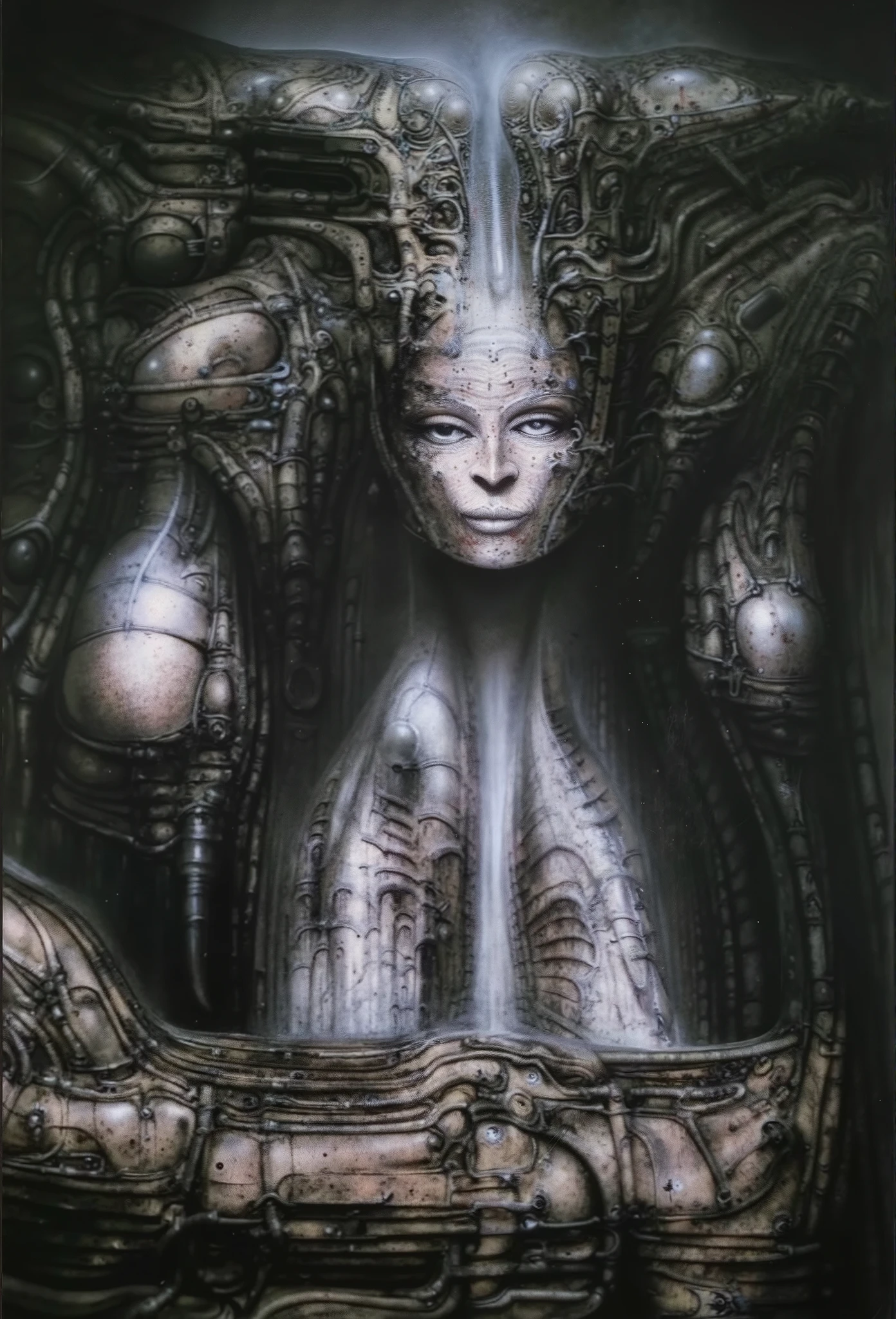 DARK BLACK COLORS, Giger_style, H. R. Giger's g1g3r, , Giger_style, The image is a detailed view of H.R. Giger's \" HRG Aleph \" plate, featuring ( The image depicts a surreal, intricate artwork featuring two humanoid figures with mechanical or industrial elements integrated into their anatomy. The figures are set against a softly blurred, ethereal background with hues of blue and white, giving the piece a dreamlike, otherworldly quality. By Giger . By H R GIGER ), The artwork depicts a humanoid figures of abominations with stripes screwed into it's skin. and various straps that bind its body. It's body melds into the background which is a snake of pipes and cables. The figure is integrated into a mechanical framework with pipes, gauges, and metallic fixtures surrounding it. its skin is covered in boils and its veins are visible in places, its eyes are closed and expression suggests discomfort or weariness. The artwork is noisy and messy with scratches and canvas marks in places and desaturated colours (Proportion:1.4), , (Reflected light:1.2), Parchment, ultra detailed, intricate,, (best quality:1.4), H.R. GIGER, BY GIGER