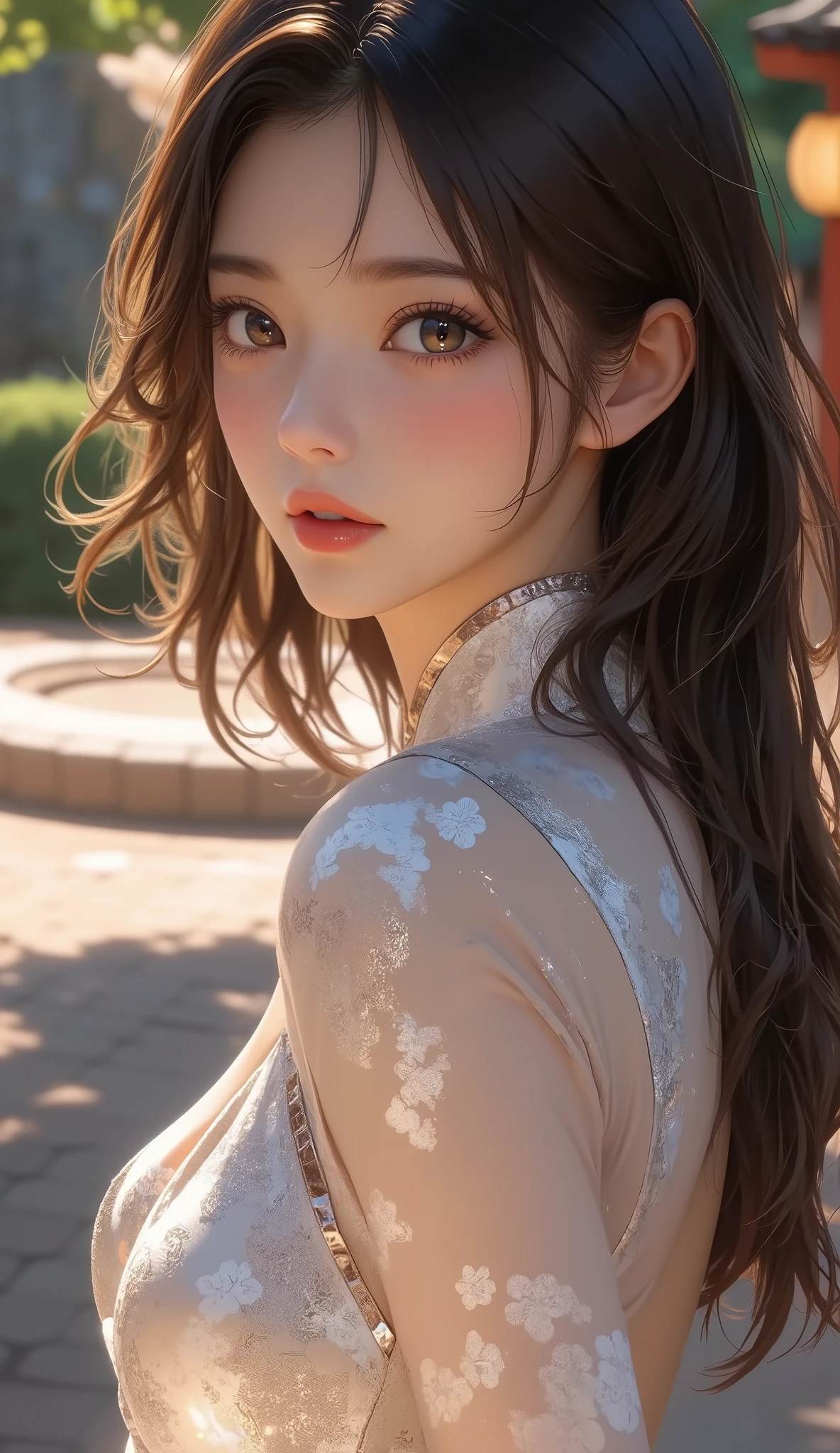 Final Fantasy Style , Takahashi Kazunari's masterpiece, depiction of a face expressed in great detail, Detailed Eyes 、Detailed faces、Hair drawn down to the smallest detail 、Solo cute girl , beautiful , 32K, enchantment, masterpiece, top quality, , , , (( big breasted with a cross eye, deep cleavage )),((())), 8KRAW photos, top quality, Masterpiece, ultra high resolution, and stare at the viewer, ( long brown hair:1.2), natural skin texture, realistic eyes and face details, Rouge (Makeup), plump lips, Parted lips, lipstick, beautiful foot, tall woman, skinny, slim_foot, thigh_gap, model, medium , Chinese style courtyard, Outdoors, China dress only,