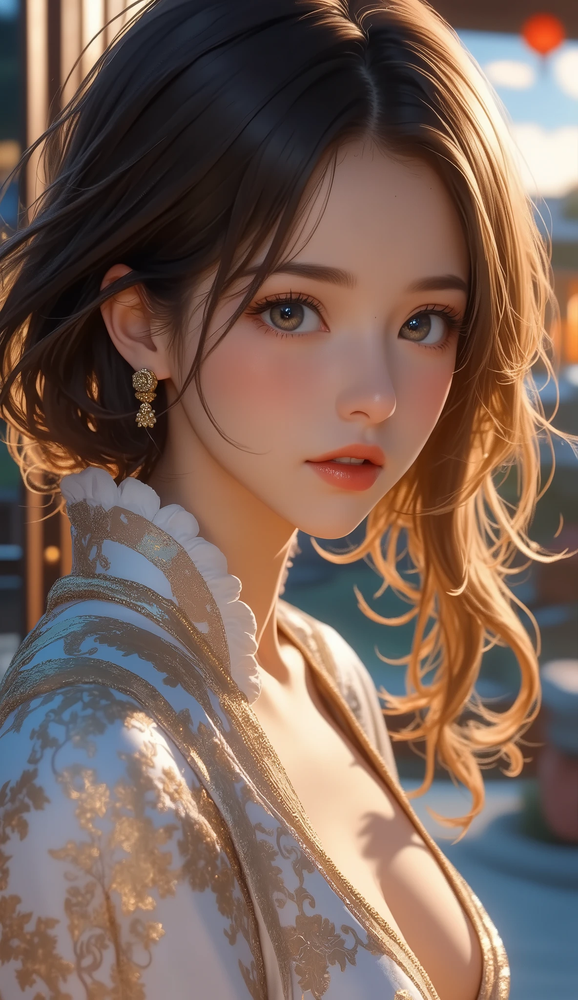 Final Fantasy Style , Takahashi Kazunari's masterpiece,  depiction of a face expressed in great detail,  Detailed Eyes 、Detailed faces、Hair drawn down to the smallest detail 、Solo cute girl  , beautiful , 32K, enchantment, masterpiece, top quality, , , , (( big breasted with a cross eye, deep cleavage )),(((nsfw))), ８ＫＲＡＷ photos,  top quality,  Masterpiece,  ultra high resolution,  and stare at the viewer, ( long brown hair:1.2),   natural skin texture,  realistic eyes and face details, Rouge (Makeup),  plump lips, Parted lips, lipstick, beautiful foot,  tall woman,  skinny,  slim_foot, thigh_gap,  model,  medium boobs, Chinese style courtyard, Outdoors,   China dress only,