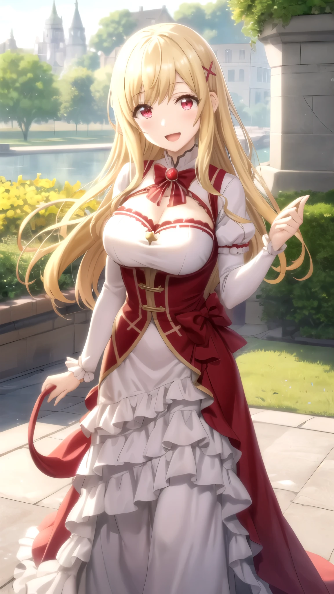 Masterpieces, Best Quality, girl, looking at viewer, yamada_yellow, blonde hair, solo, long hair, hair ornament, x hair ornament, red eyes, large breasts, princess connect Re:Dive cosplay, princess Dress, standing, smile, open mouth, outdoors
