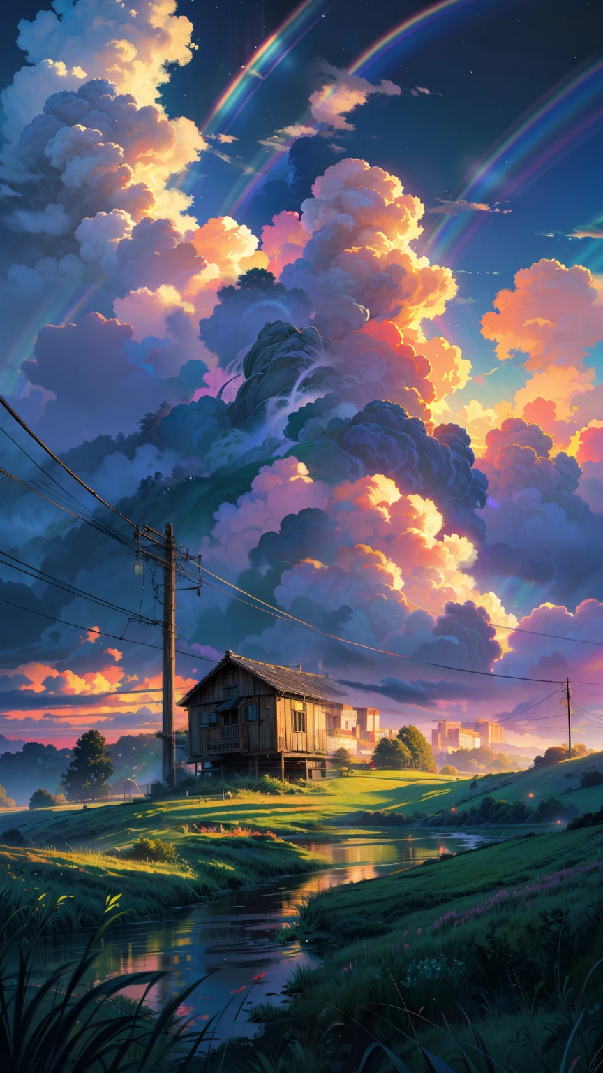 lush green meadow, dark sky with a vibrant rainbow, evening time, cinematic lighting, dramatic atmosphere, colorful, digital painting, highly detailed, intricate, exquisite, masterpiece