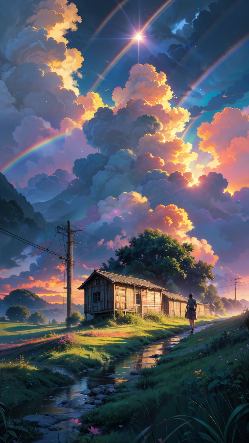 lush green meadow, dark sky with a vibrant rainbow, evening time, cinematic lighting, dramatic atmosphere, colorful, digital painting, highly detailed, intricate, exquisite, masterpiece