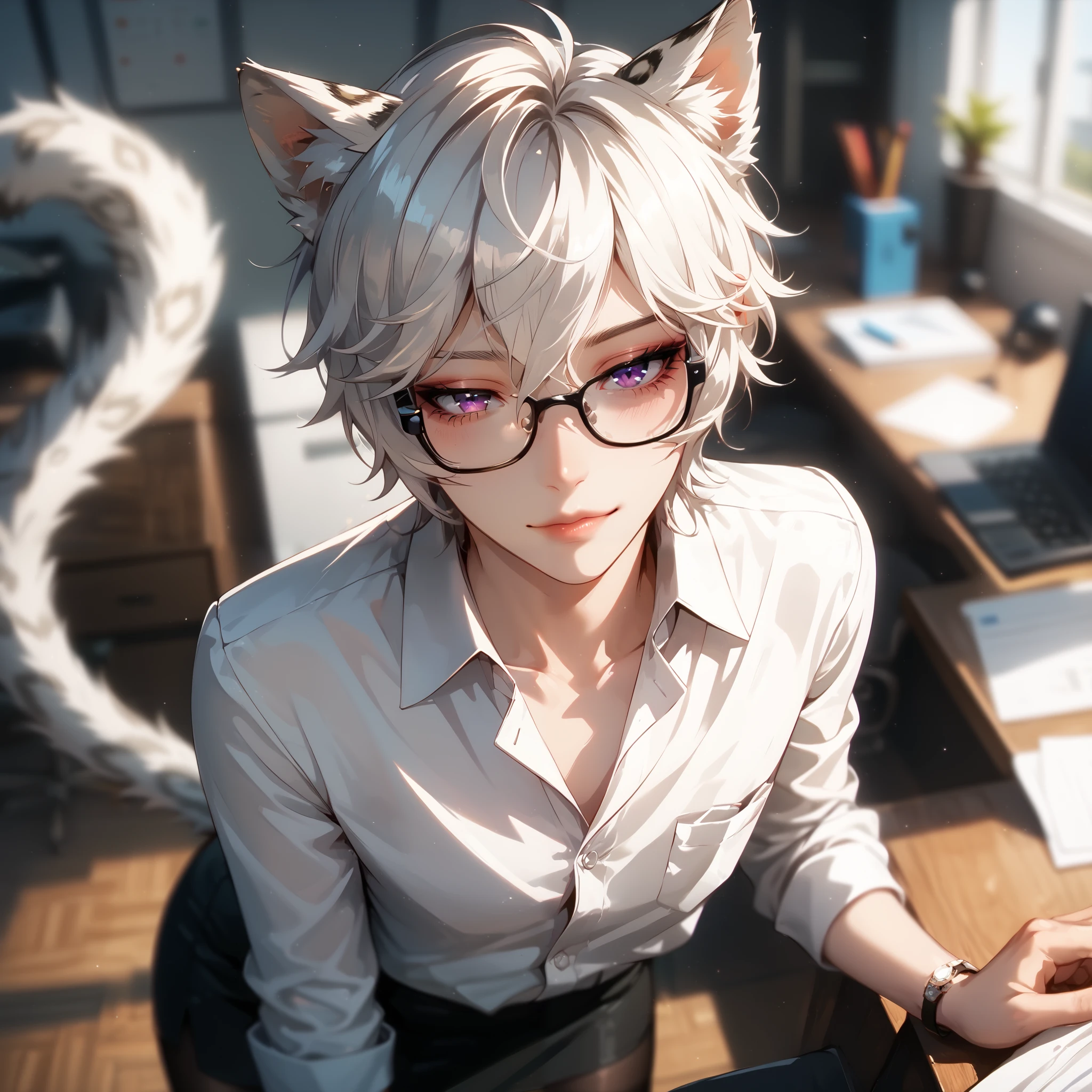 (Masterpiece), best quality, highest quality, highly detailed CG unity 8k wallpaper, original, high resolution, (depth of field: 1.5), fidelity: 1.3, solo focus, 1guy, male, shoulder length hair, white hair, purple eyes, white leopard ears and cat tail, femboy, sexy, wide hips, curvy, flat chest, adult, half lidded eyes, feminine clothing, button up white shirt, pencil skirt, pantyhose, black glasses, focused expression, office