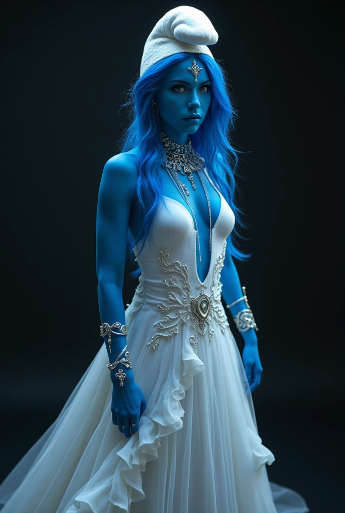 smur-fette from the smurfs, beautiful charismatic woman, piercings, athletic, a woman with a white dress, gorgeous figure, interesting shapes, full body photo shot, goth style, dark eye, in the style of jessica drossin, life-size figures, 8k sharp focus, highly detailed, photorealistic