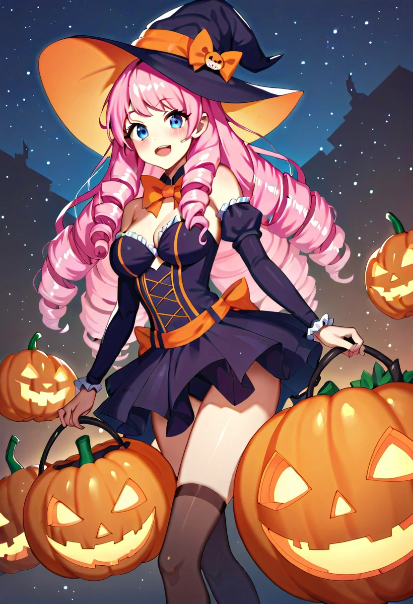 (masutepiece:1.0), (1girl), (breast), (pink hair), (twin tail), (Halloween), (from below), (pov), (reaching out), (tsumugivamp), (mini hat), (smile)