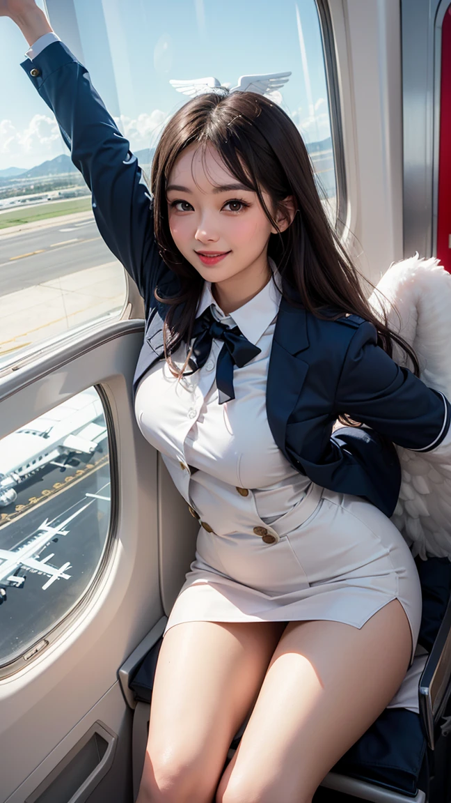 {{{16k}}},{{{masterpiece:1.2}}}, {{{best quality}}}, {{{ultra detailed}}},{{{an extremely delicate and beautiful}}},1 female, stewardess, (stewardess uniform),(her legs spread legs:1.3),Showcasing cleavage,scarf, beautiful girl, ((embarrassed:1.3)),black hair, Bowl Cut Hair,Big eyes, large breasts, Skinny,Blushing happy smile, (Airplane Seats,indoor,((looking at the camera:1.5)),from above,