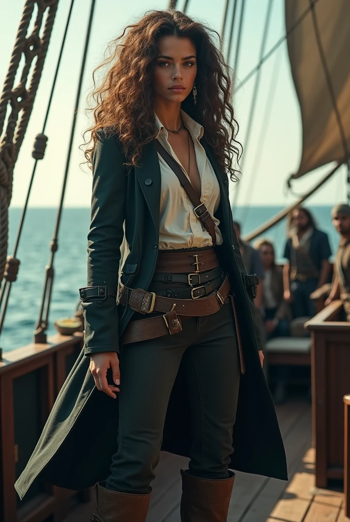 ((fashion photography)), perfect face, perfect eyes, (medium full shot) of (gorgeous pirate) young woman, black american, dark eyes, dark skin, dark skin, hazel eyes, busty, red hair, wearing Weathered linen shirt under a dark leather vest, rugged trousers, black tricorn hat with a skull emblem, polished leather boots, black leath eyepatch, in Jungle Retreat, Dense foliage surrounding a hidden oasis, a winding path leading to the shoreline, exotic birds, wild orchids clinging to tree branches, monkeys swinging through the trees , smiling at the viewer, masterpiece, best quality, photorealistic, very aesthetic