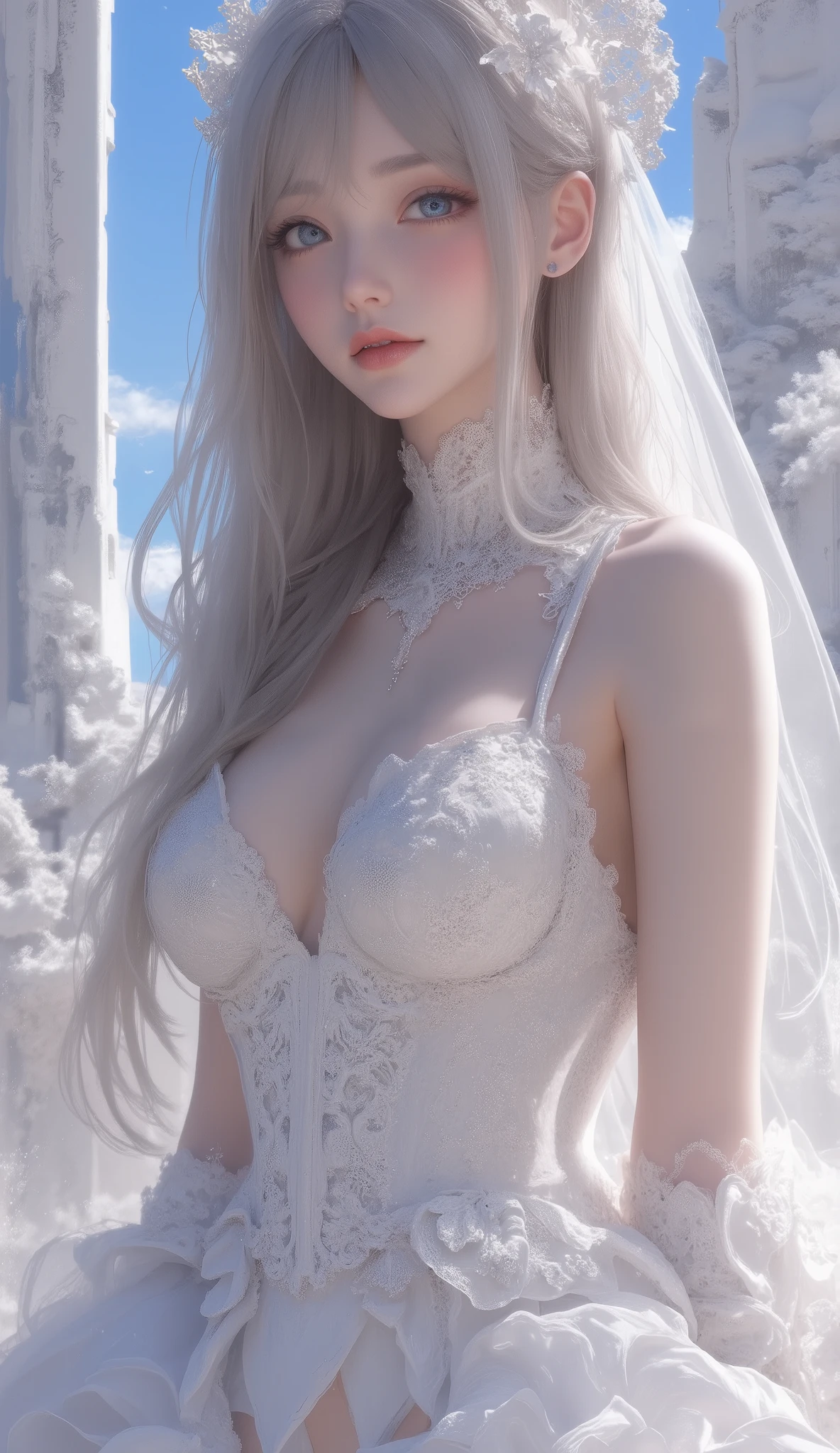 Final Fantasy Style , Takahashi Kazunari's masterpiece, depiction of a face expressed in great detail, Detailed Eyes 、Detailed faces、Hair drawn down to the smallest detail 、Solo cute girl , beautiful , 32K, enchantment, masterpiece, top quality, , , , (( big breasted with a cross eye, deep cleavage )),(( Highly Detailed CG Unity 8K Wallpaper)), Masterpiece, Super detail, floating, high resolution, Wears a sexually suggestive , ( small, Abnormally long gray hair , princess, White Mage, blue eyes, (long、 in a white and red sheer layered long dress、 has long detachable wide sleeves and intricate embroidery ), Wedding Veil , CIRCLET , bridal gauntlet , blanking, shy, arched back, ruffled petticoat , glamorous corset ,