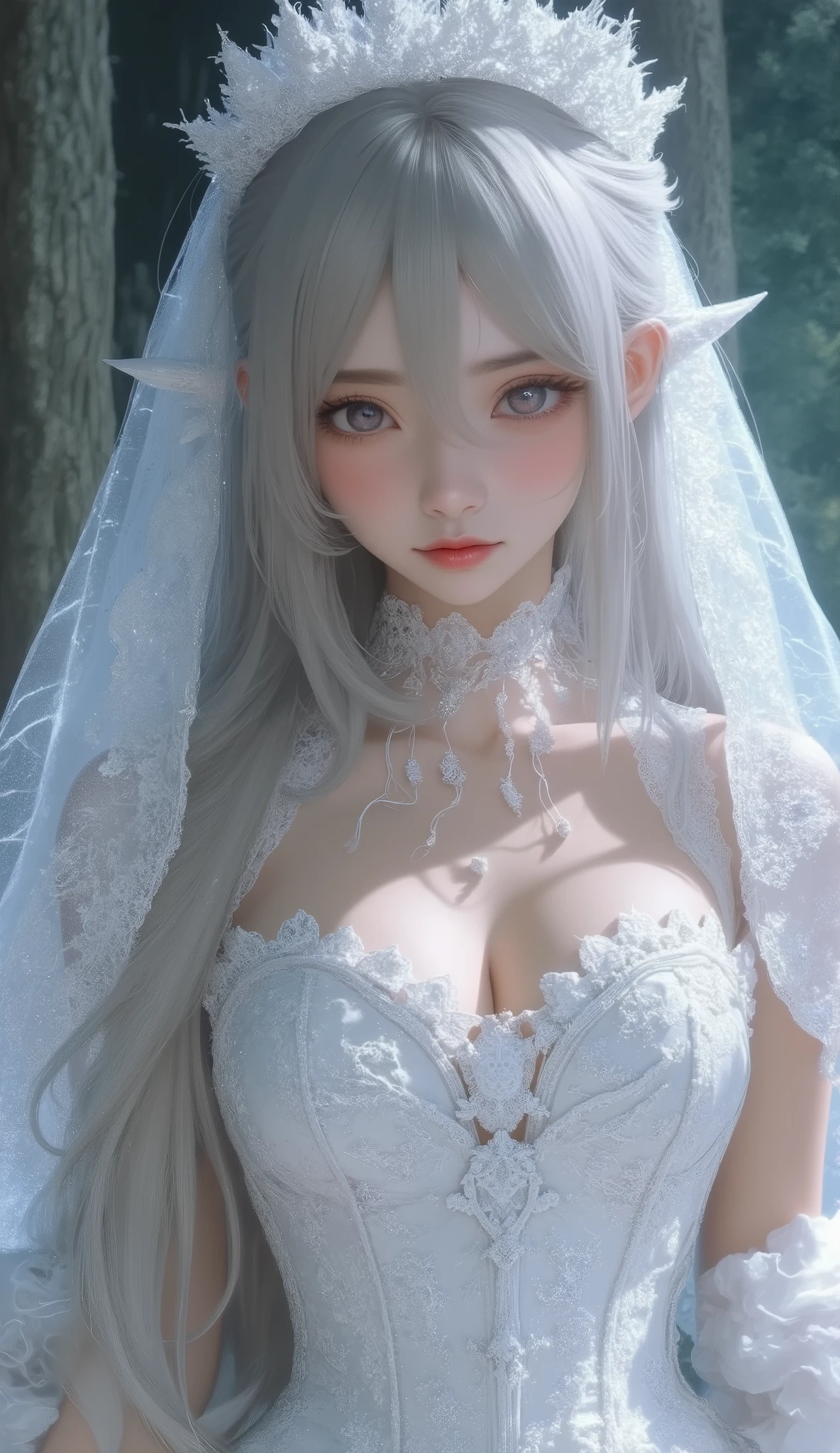 Final Fantasy Style , Takahashi Kazunari's masterpiece, depiction of a face expressed in great detail, Detailed Eyes 、Detailed faces、Hair drawn down to the smallest detail 、Solo cute girl , beautiful , 32K, enchantment, masterpiece, top quality, , , , (( big breasted with a cross eye, deep cleavage )),(( Highly Detailed CG Unity 8K Wallpaper)), Masterpiece, Super detail, floating, high resolution, Wears a sexually suggestive , ( small, Abnormally long gray hair , princess, White Mage, blue eyes, (long、 in a white and red sheer layered long dress、 has long detachable wide sleeves and intricate embroidery ), Wedding Veil , CIRCLET , bridal gauntlet , blanking, shy, arched back, ruffled petticoat , glamorous corset ,