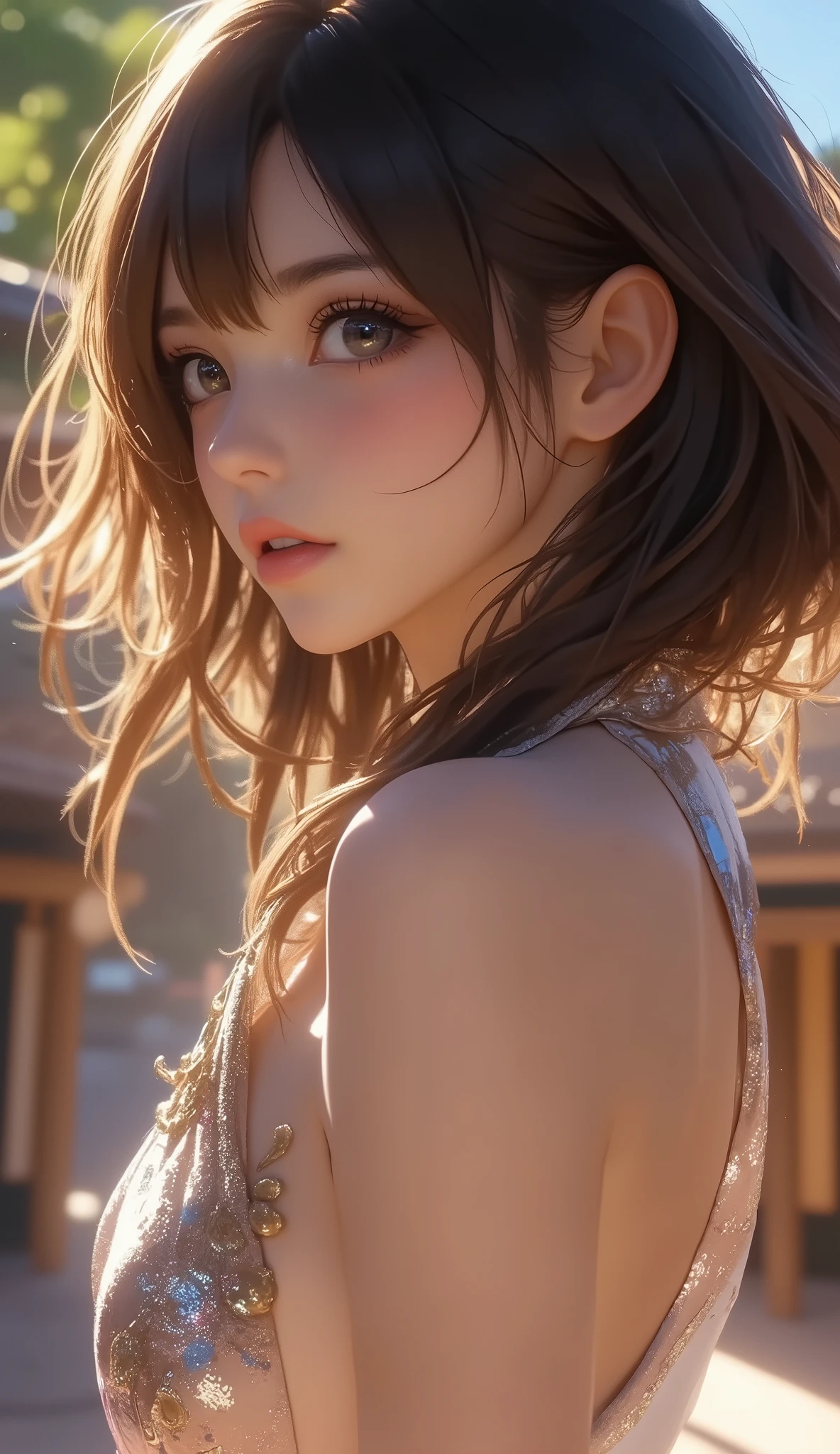 Final Fantasy Style , Takahashi Kazunari's masterpiece,  depiction of a face expressed in great detail,  Detailed Eyes 、Detailed faces、Hair drawn down to the smallest detail 、Solo cute girl  , beautiful , 32K, enchantment, masterpiece, top quality, , , , (( big breasted with a cross eye, deep cleavage )),(((nsfw))), ８ＫＲＡＷ photos,  top quality,  Masterpiece,  ultra high resolution,  and stare at the viewer, ( long brown hair:1.2),   natural skin texture,  realistic eyes and face details, Rouge (Makeup),  plump lips, Parted lips, lipstick, beautiful foot,  tall woman,  skinny,  slim_foot, thigh_gap,  model,  big boobs, Chinese style courtyard, Outdoors,   China dress only,