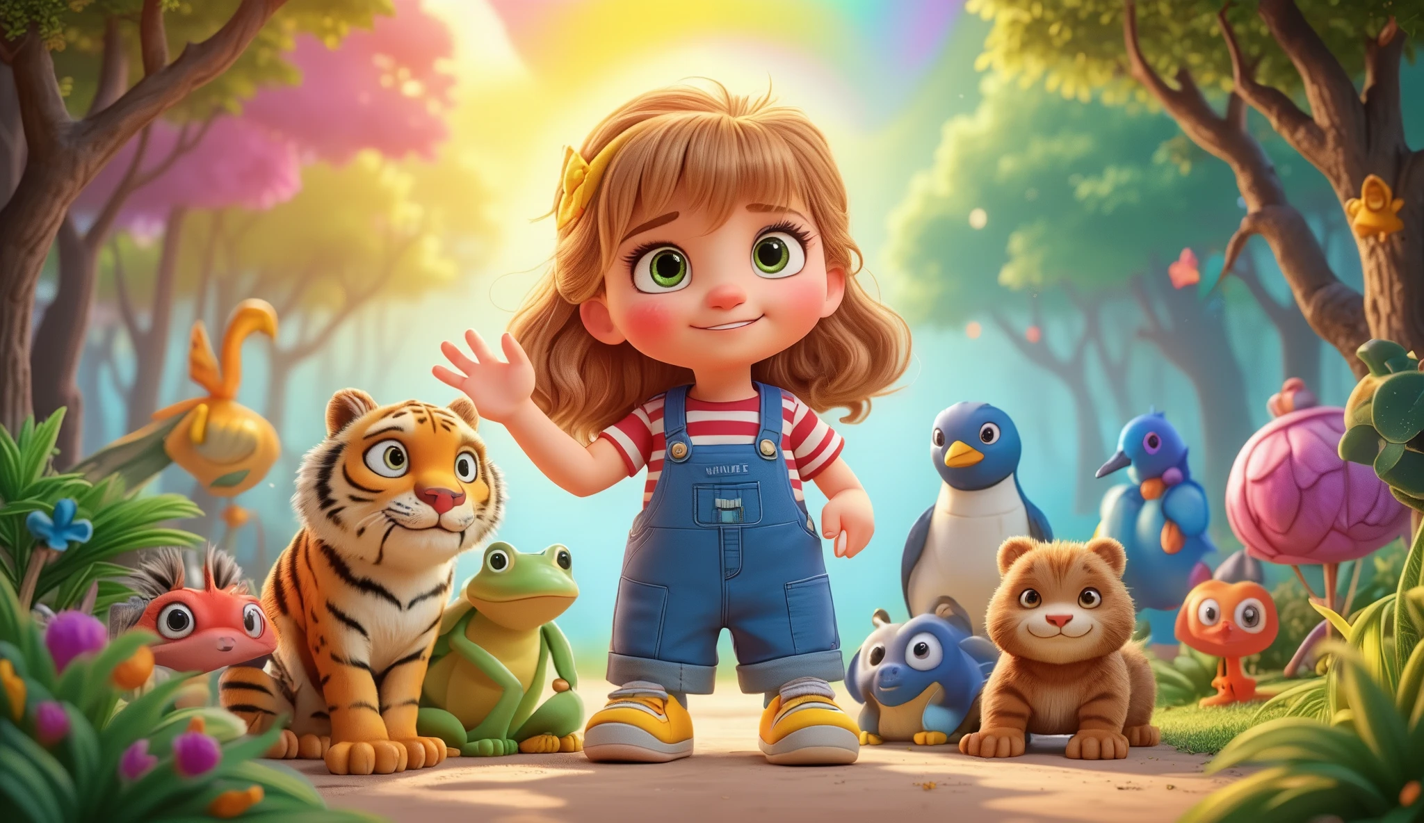 A magical rainbow forest with vibrant colors and soft sunlight. In the center, Anna, a cheerful  girl with shoulder-length, wavy light brown hair tied with a bright yellow ribbon, hazel green eyes, and rosy cheeks, stands with animals: red parrot, tiger, frog, blue bird,  purple dragon, flamingo, penguin, and bear. She wears a red and white striped T-shirt, blue denim overalls, and yellow sneakers with white socks. A bright rainbow arches across the sky, connecting all the colors. Anna waves at the viewers The scene is filled with joy and magic. Cartoonish, 3D, Pixar-style, vibrant colors, aspect ratio 16:9 --v 5 --ar 16:9