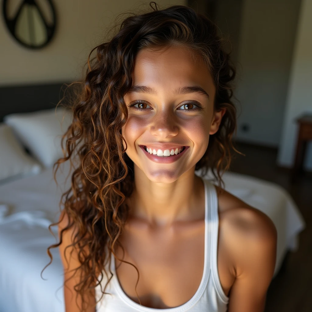 A 23-year-old girl with curly, wet hair wearing a simple sports outfit ...