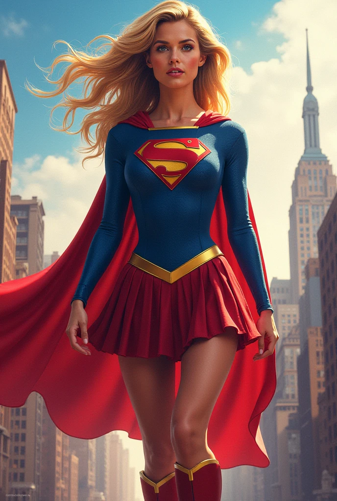 A SEXY AND BUSTY FEMALE WITH FRECKLES, BLONDE SILKY SMOOTH HAIR, AND SEXY GLASSES WEARING A SPANDEX 1984 BLUE SUPERGIRL COSTUME COMEPLETE WITH A LONG READ PLEATED SKIRT WITH A YELLOW SUPERGIRL BELT, A PAIR OF RED HEELED BOOTS WITH YELLOW TRIM, AND A LONG FLOWING RED CAPE WITH THE GOLD "S" EMBLEM. RED LIPSTICK, RED FINGERNAILS. INCREDIBLY DETAILED GLOWING SKIN, INCREDIBLEY DETAILED FACE, INCREDIDBLEY DETAILED CLOTHING, TEXTURED SKIN PORES, TEXTURED HAIR, 8K ABSURD RESOLUTION, MASTERPIECE. PHOTO REALSITIC, HYPER REALISTIC. MYSTICAL BACKGROUND. 16K RESOLUTION. PREFESSIONAL GRADE IMAGE.
