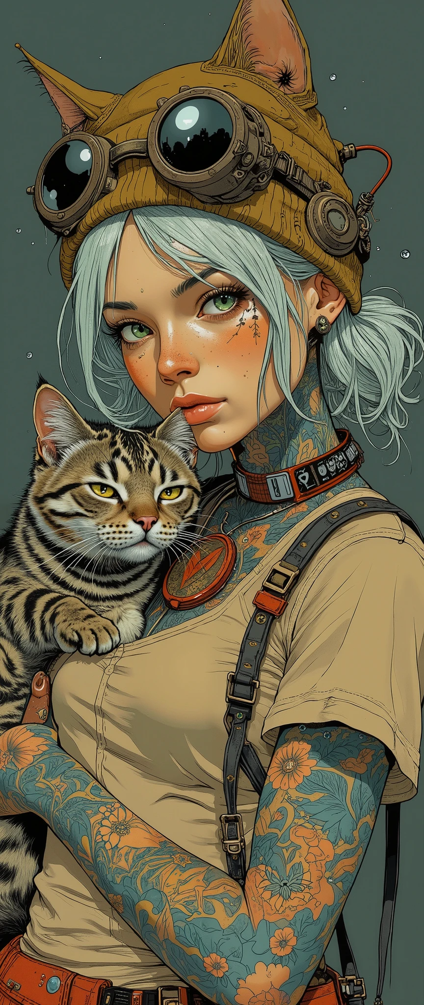 A very young girl-punk with ash-white hair, aged 20 years, of European appearance, with expressive features and noticeable freckles. Incredibly beautiful almond-shaped eyes of light green color with fluffy eyelashes are arrogantly narrowed. The lips are plump and sensual, painted with beige nude lipstick with gloss. The chin is slightly raised. She looks down at the viewer haughtily. The girl is wearing a light brown or beige tight-fitting T-shirt with lots of tattoos on her neck, chest and shoulders, mostly in blue and orange colors. On the girl's head is a stylized olive-colored beanie hat with cat ears. Large steampunk glasses are worn on top of the hat. She also has a red pouch or sling on her chest. In her arms she holds a gray-red striped cute cat. The cat looks straight ahead with green eyes. The overall impression is photorealistic digital art, fashionable, daring, with detailed images of tattoos and accessories.Weightless tiny round and transparent drops of water float in the air. The main composition of the art is complemented by relaxed lines and strokes. The color palette is dominated by warm browns, beiges, grays, and reds. The background is a dark gray-beige, slightly darker than the main character. The light falls from the front and right, highlighting the details and texture of skin, hair, and tattoos, creating a distinct three-dimensional space. The girl is in the center of the frame, and the cat is in the center of the left part of the frame. The composition focuses on the girl's face and her interaction with the cat.
