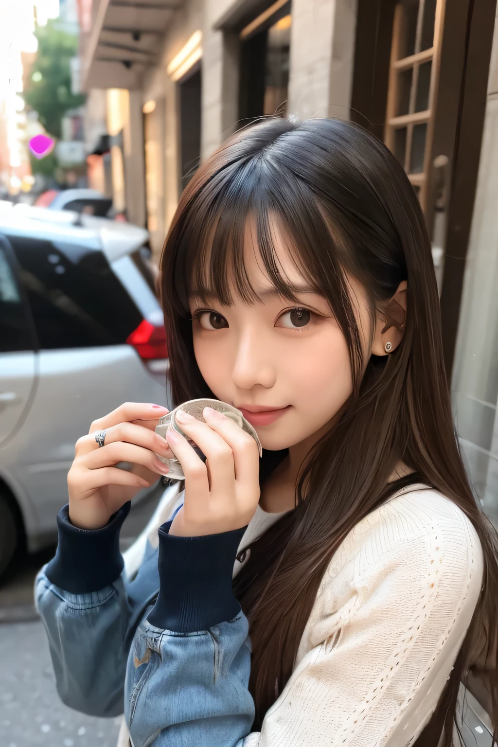 Cute Korean girl riding a UFO, big eyes, extremely long eyelashes, sucking a pacifier
