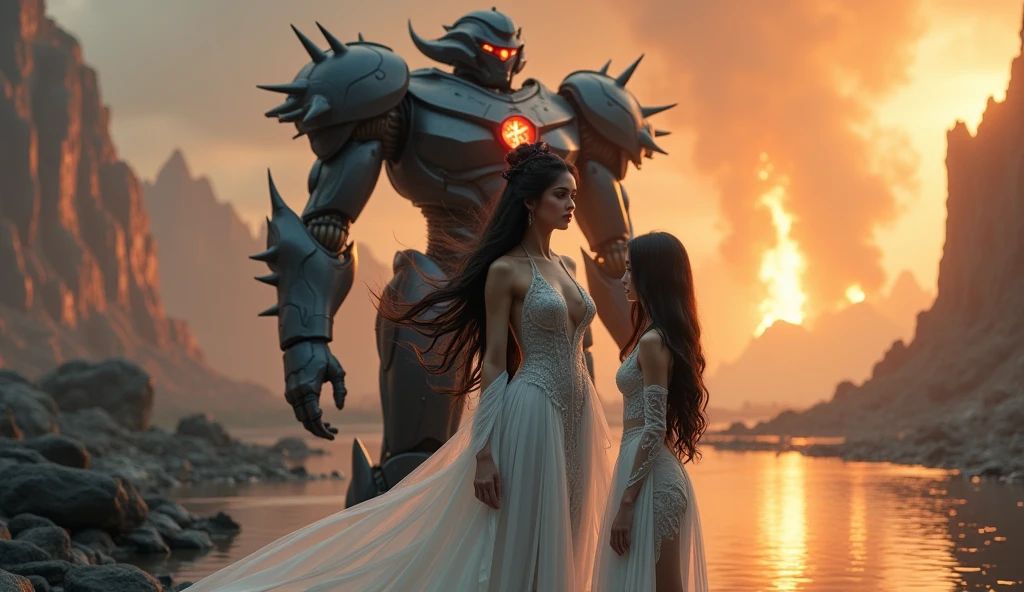 (Couple hugging) rough man Zeus muscles naked, majo, sexy, seios nus, decote, pernas nuas, transparente, standingn, Hanfu, molhado, ju, realista, mais alto detalhe, mythology This is a CG Unity 8k wallpaper with ultra-detailed, high-resolution and top quality in cyberpunk style, dominado por preto e vermelho. Na imagem, A messy white woman, de cabelos curtos, rosto delicado, usando uma mecha a vapor, standing on the ruins, behind a ruin, A woman holding a heavy sniper rifle.