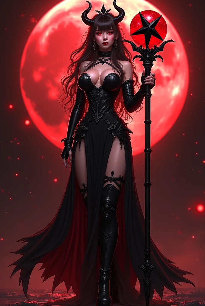 ((1 female, demon, black hair, red eyes, damnation, in the underworld, evil, black nails, red lips, ripped black dress, heels))